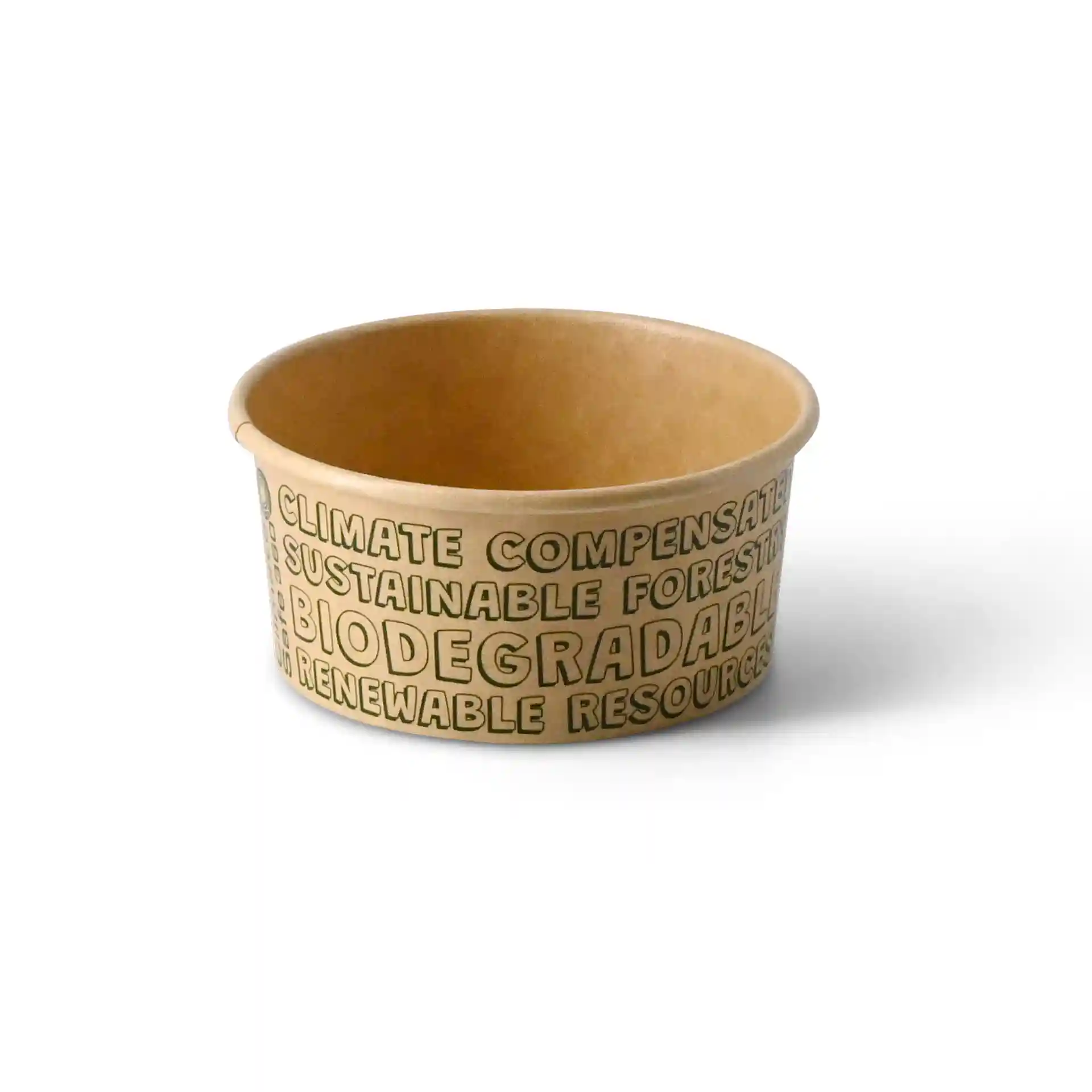Gobelet en papier brun rond pour glace avec texte imprimé à l'extérieur, mesurant 92 mm de diamètre et 42 mm de hauteur.