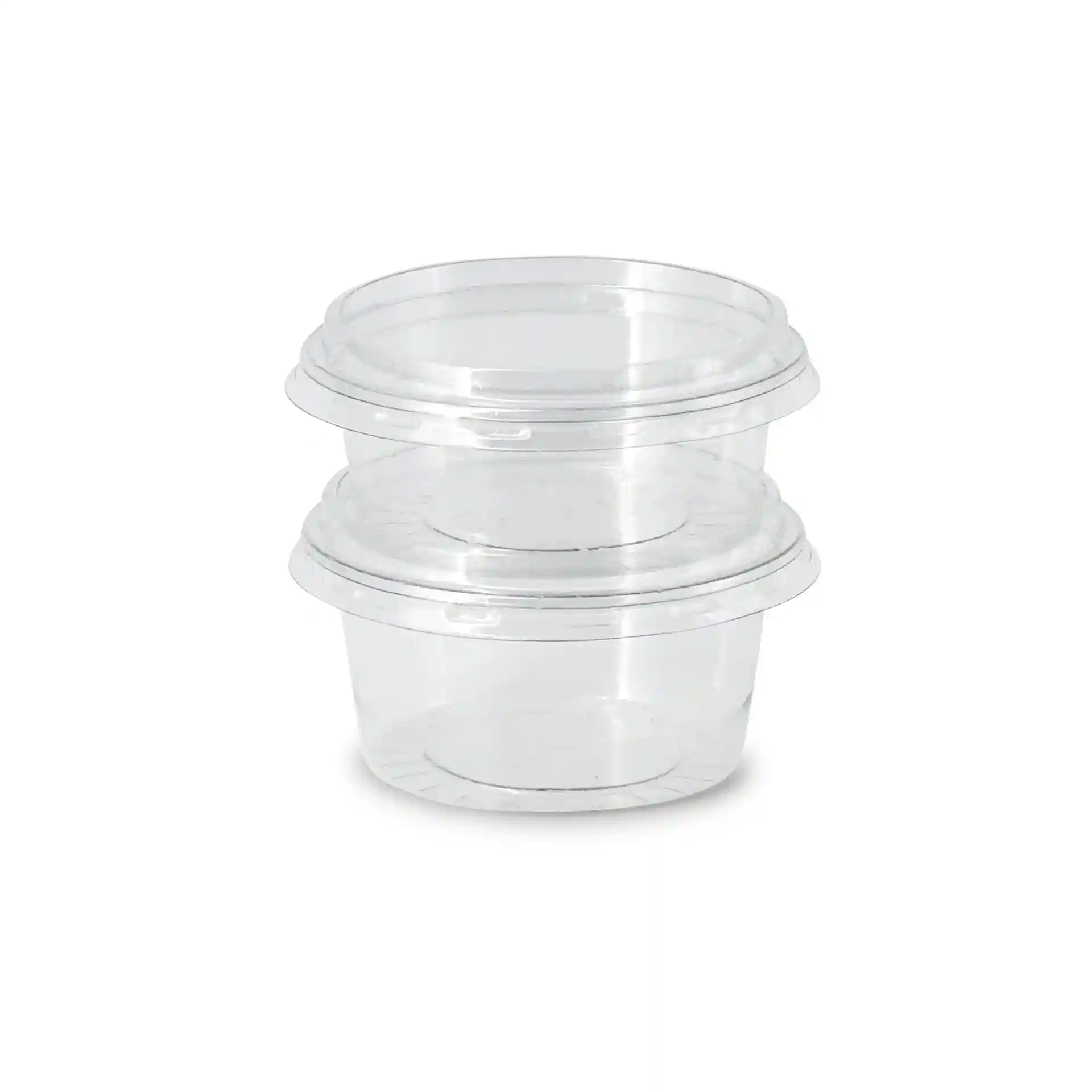 Pots à dip rPET transparents empilés, chacun d'une capacité de 80 ml et d'un diamètre de 75 mm.
