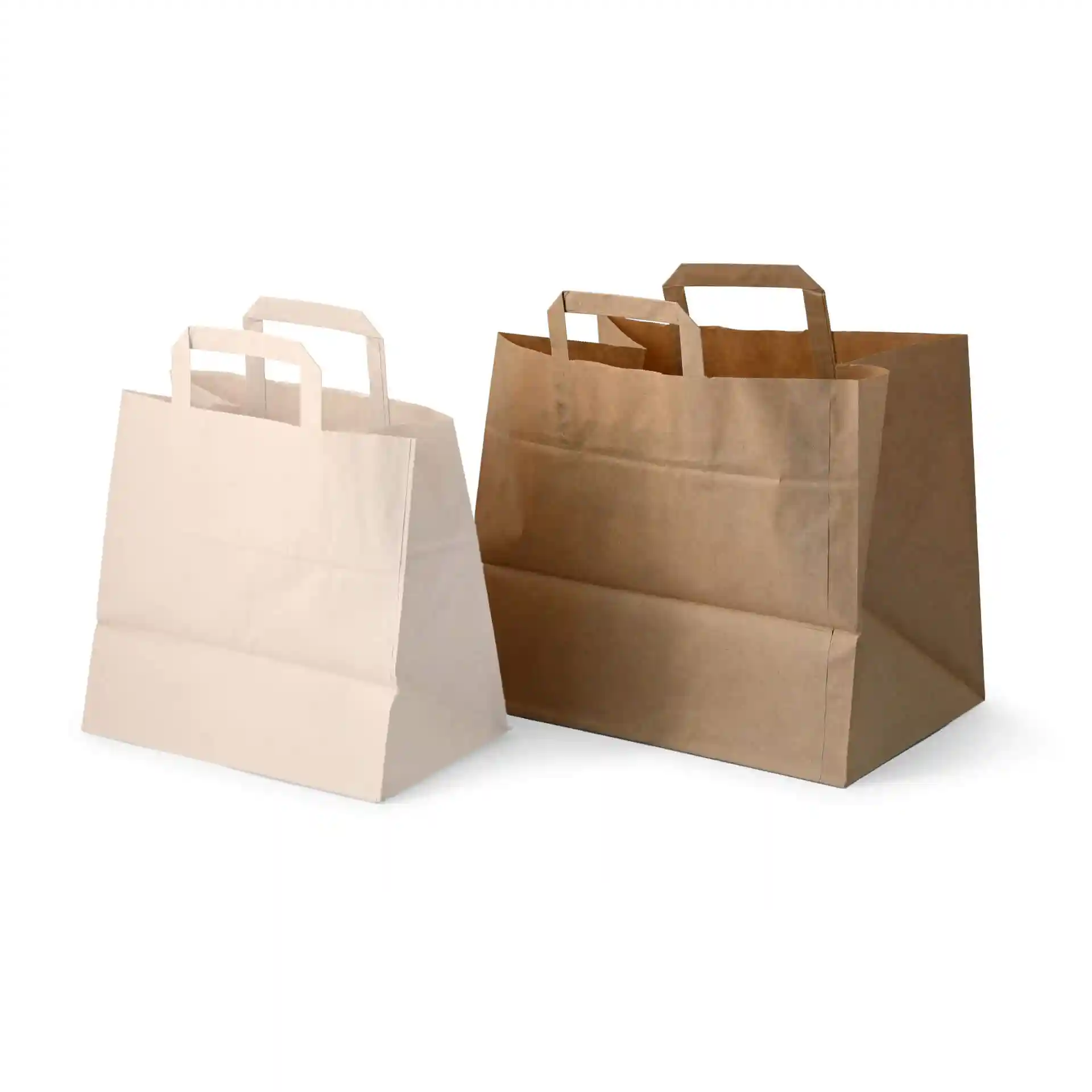 Image de deux sacs en papier, un blanc et un marron, avec des poignées plates, sur un fond uni.