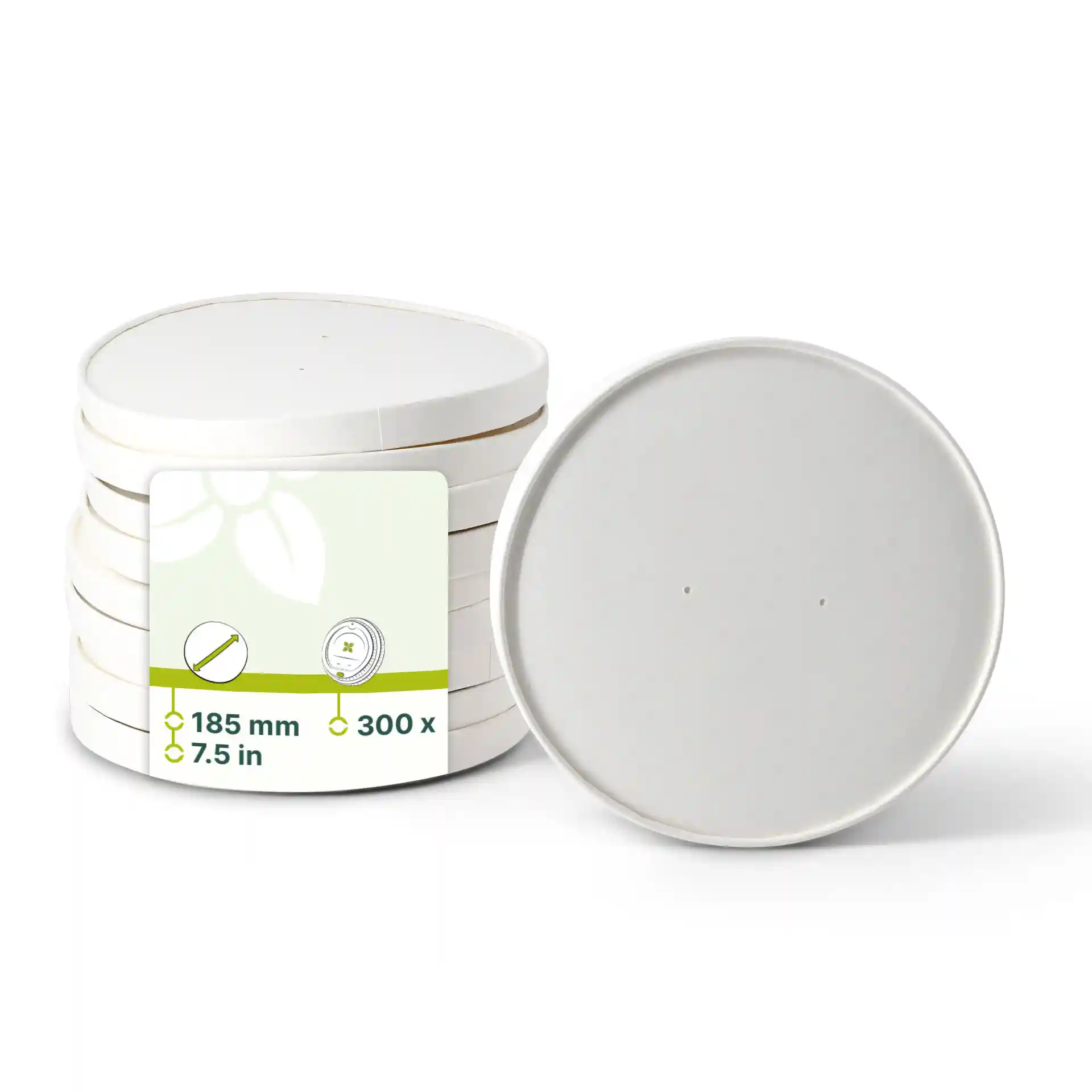 Couvercle rond en carton blanc avec membrane, diamètre 185 mm, empilé avec une étiquette indiquant les détails du produit.