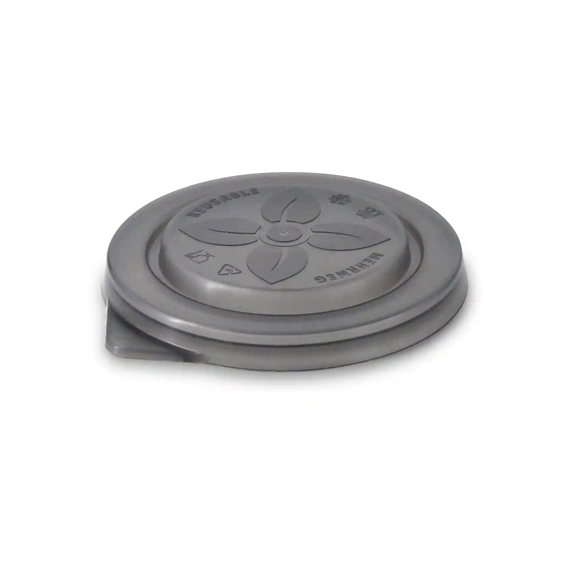 Couvercle réutilisable gris pour "merways Cup", forme ronde avec un diamètre de 95 mm et une hauteur de 15 mm.