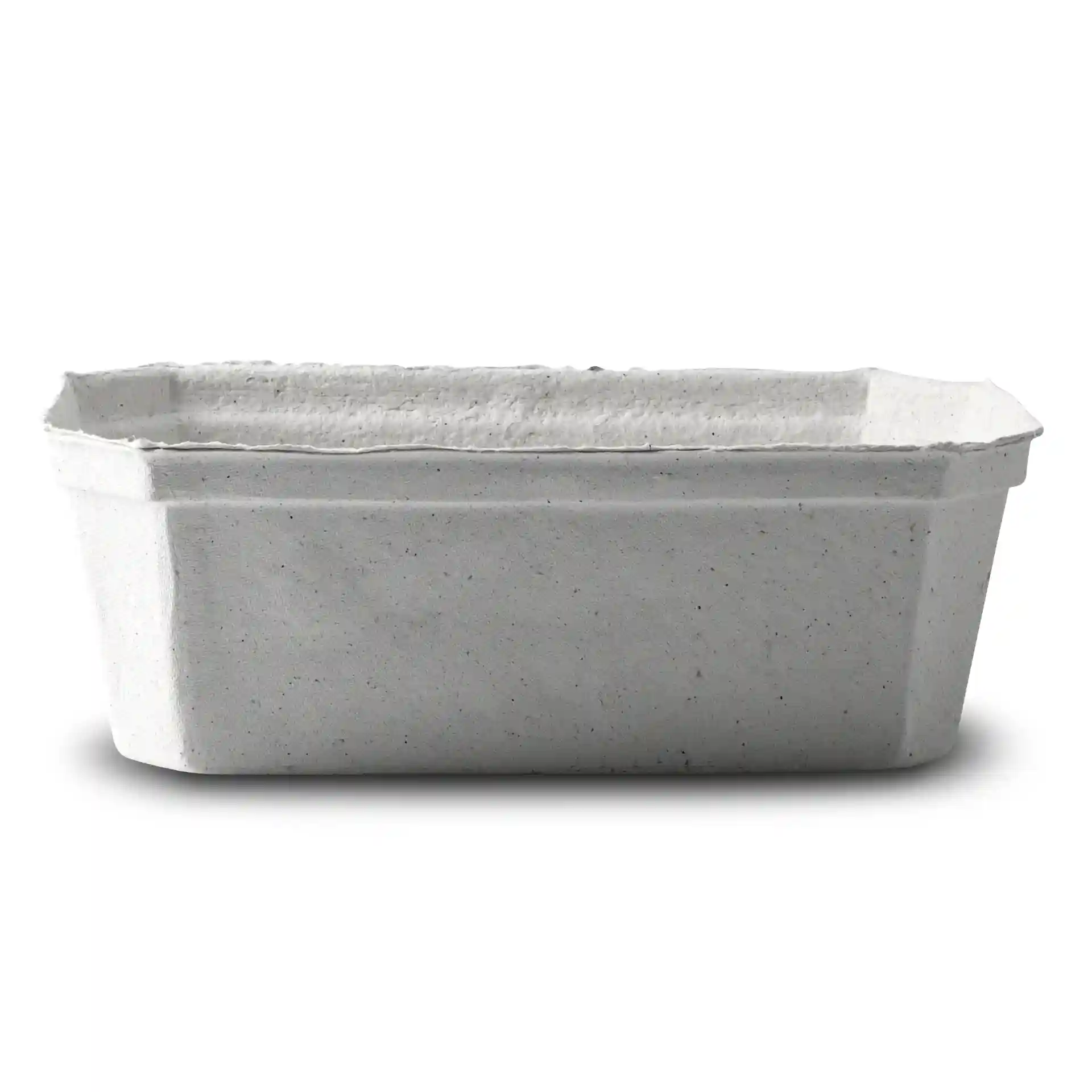 Barquette en pulpe de bois blanc de forme rectangulaire, mesurant 185 mm de long, 115 mm de large et 65 mm de haut.