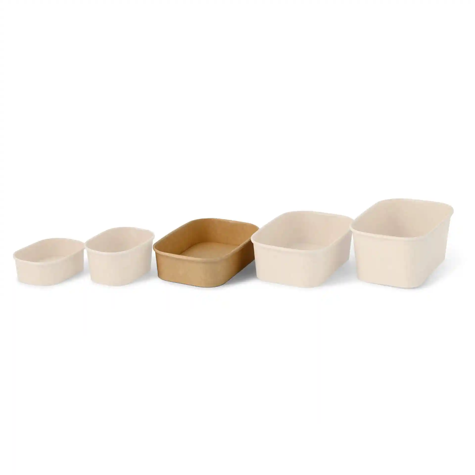 Ensemble de cinq contenants alimentaires rectangulaires de différentes tailles, dont un contenant marron en carton.