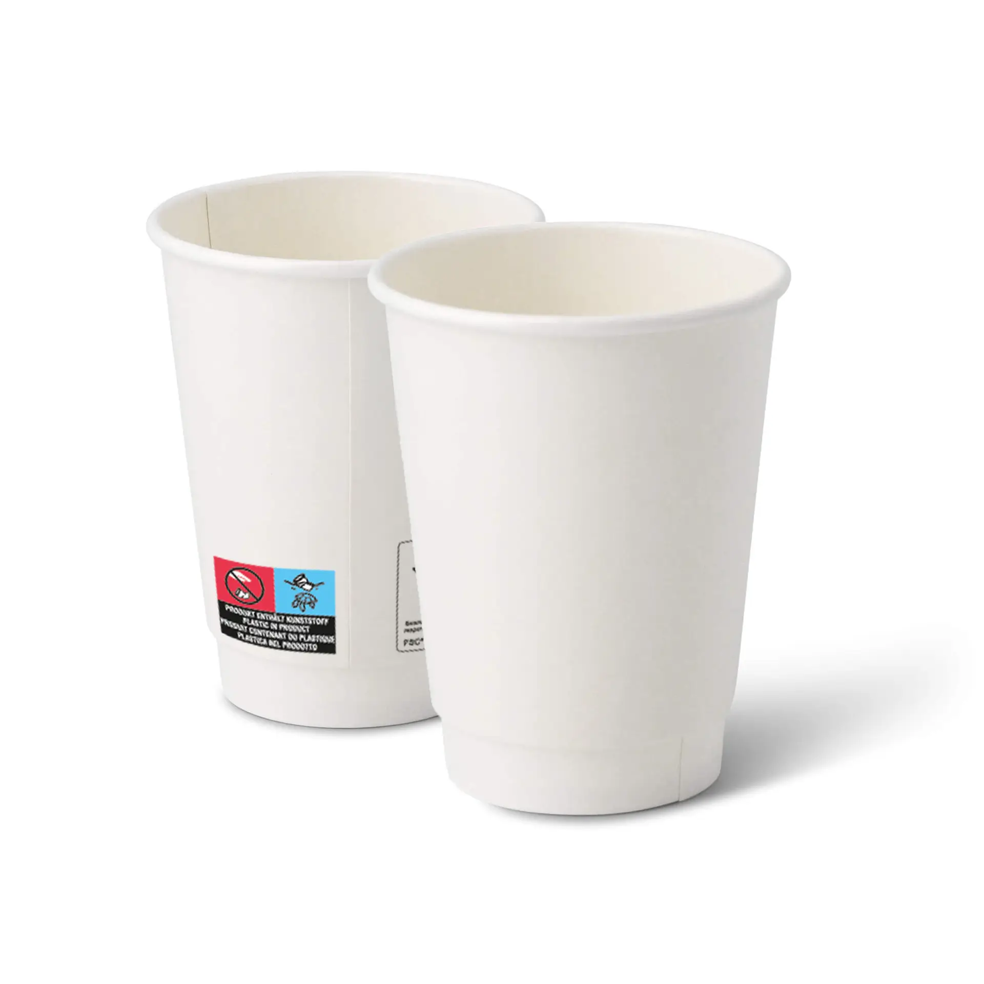 Deux gobelets en carton double paroi blancs d'un diamètre de 90 mm et d'une hauteur de 110 mm.