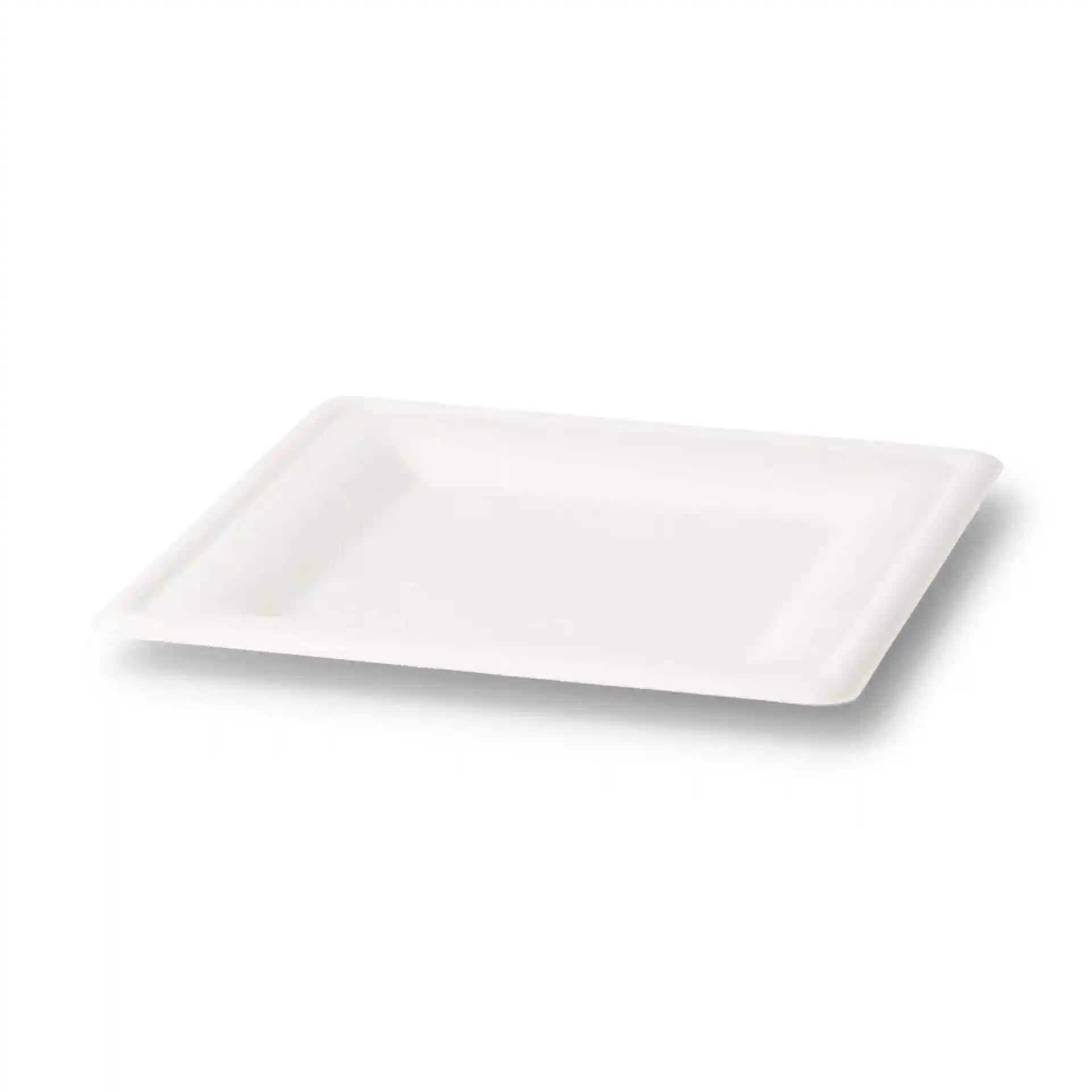 Assiette carrée en canne à sucre blanche mesurant 20 x 20 cm, avec une hauteur de 15 mm et sans revêtement.