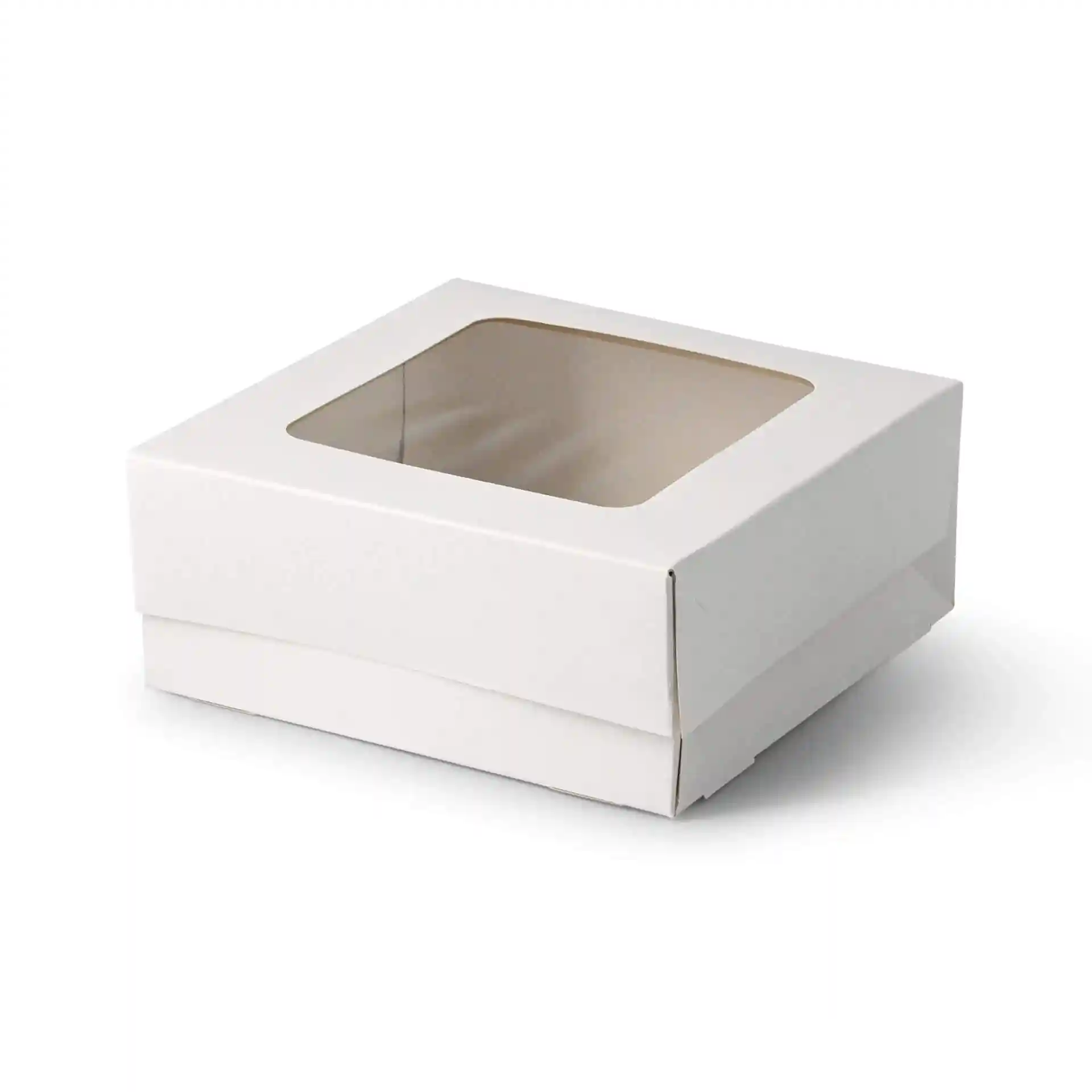Boîte en carton blanche carrée avec fenêtre en cellulose, mesurant 18 x 18 x 7,5 cm.