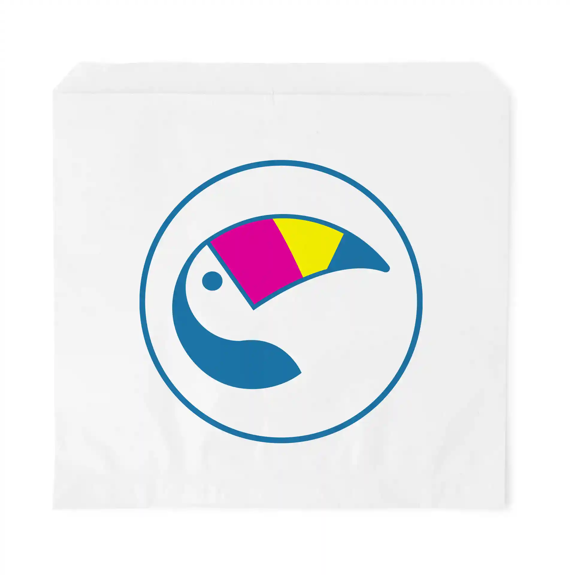 Sac plat blanc avec un logo circulaire bleu et un oiseau stylisé en rose, jaune et bleu.