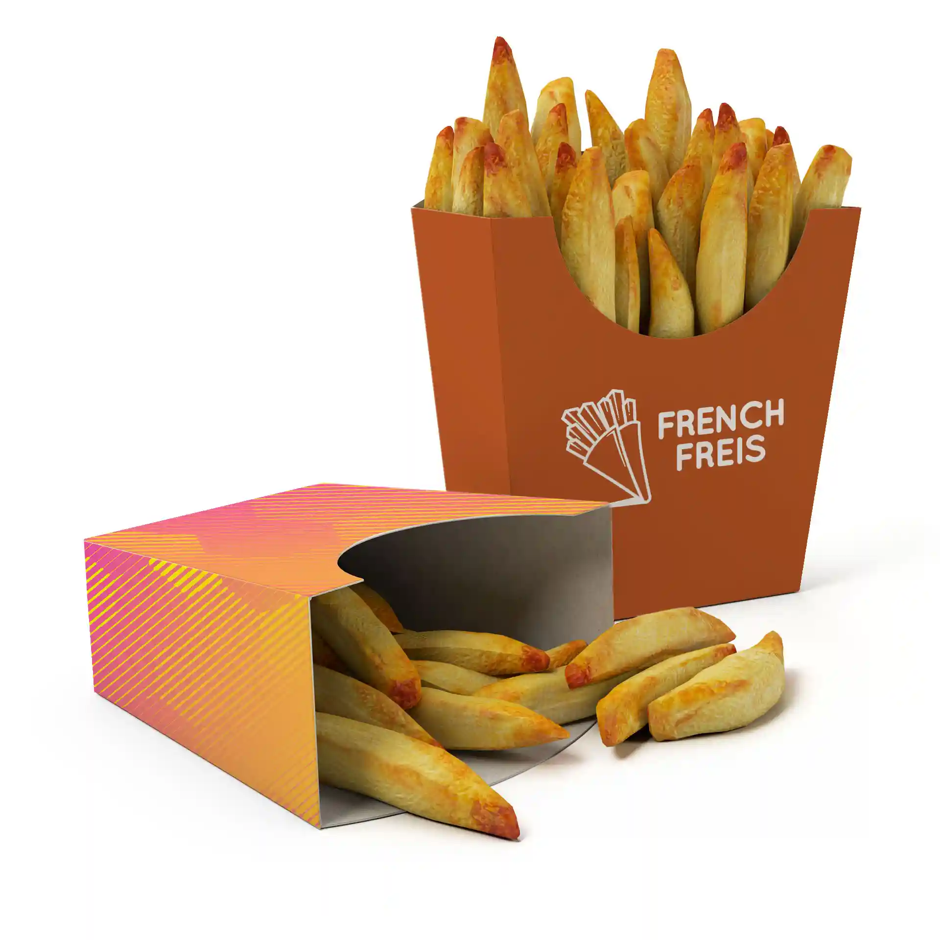 Conteneur de forme rectangulaire contenant des frites, avec un design orange et des frites débordant d'un second conteneur.