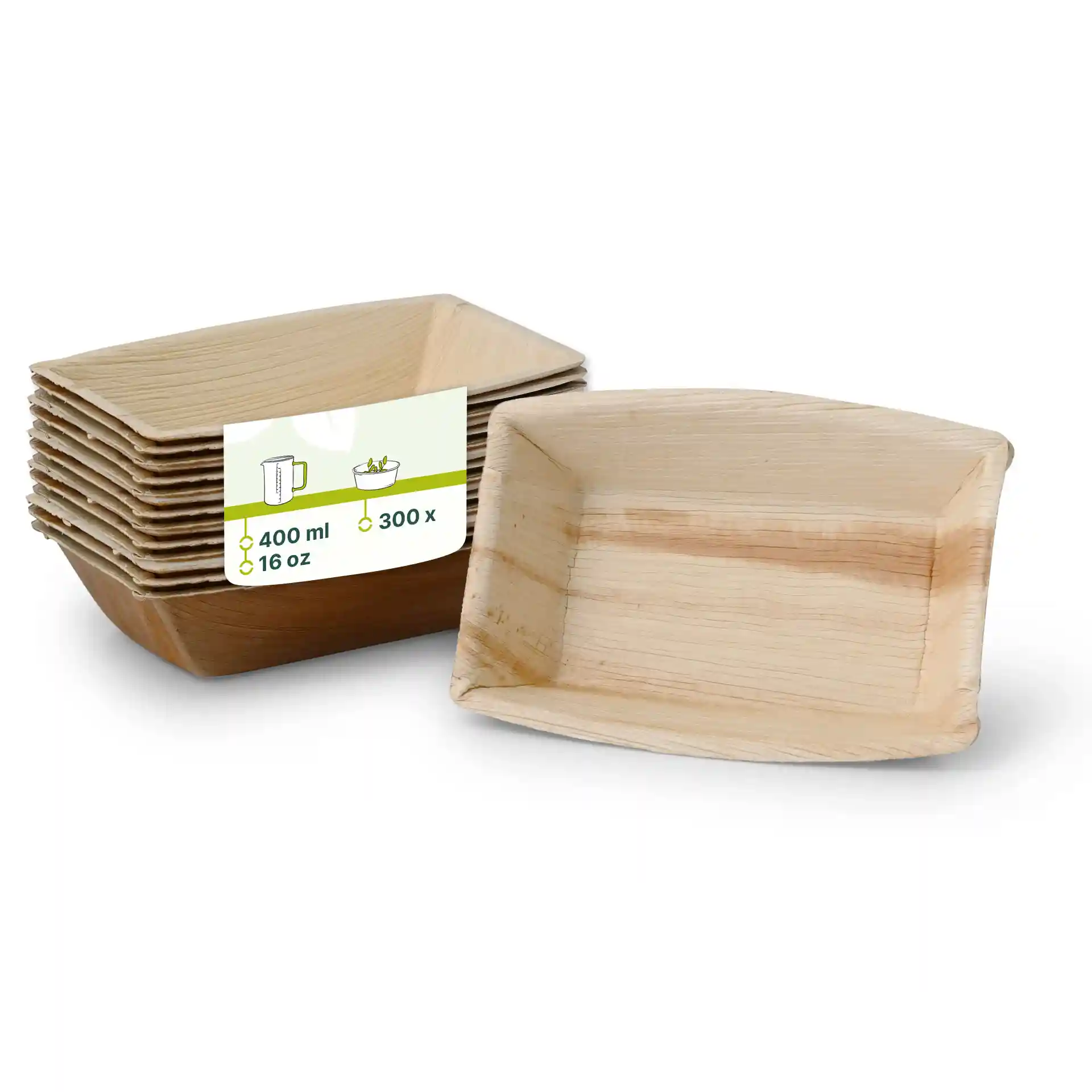 Bols rectangulaires en feuille de palmier empilés, avec un bol devant montrant une texture de grain et une étiquette indiquant une capacité de 400 ml.