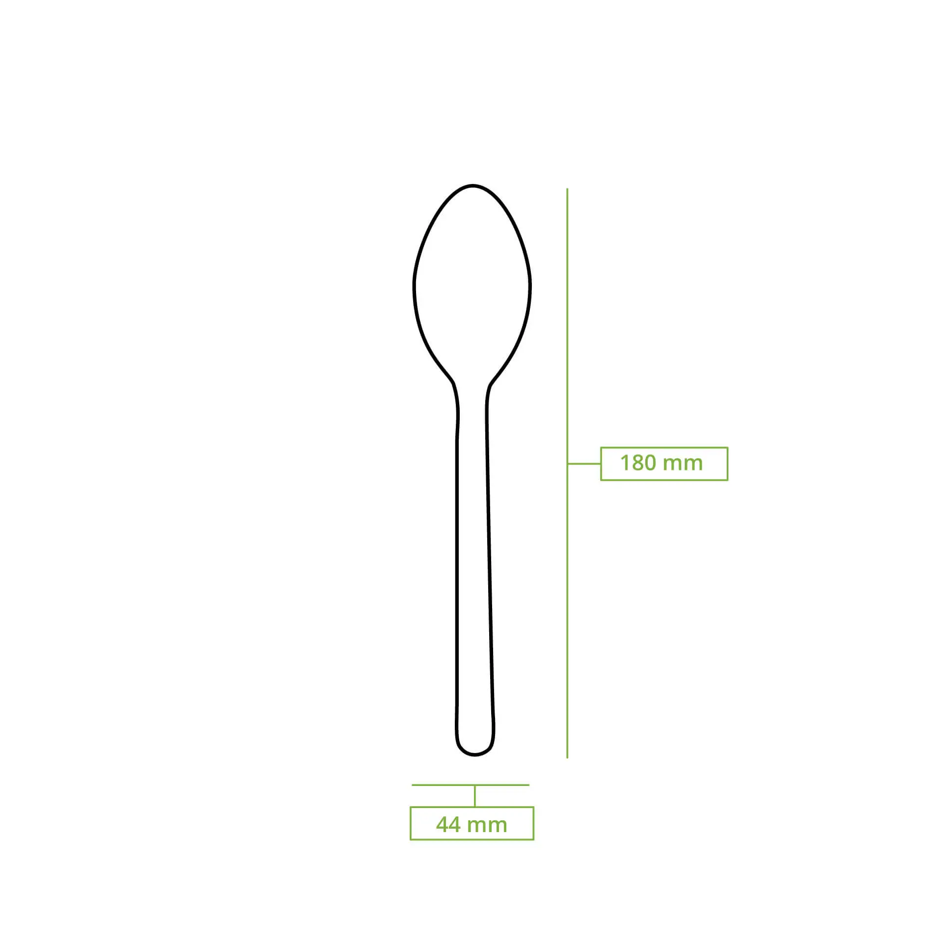 Dessin schématique d'une cuillère en bois de 180 mm de long et 44 mm de large.