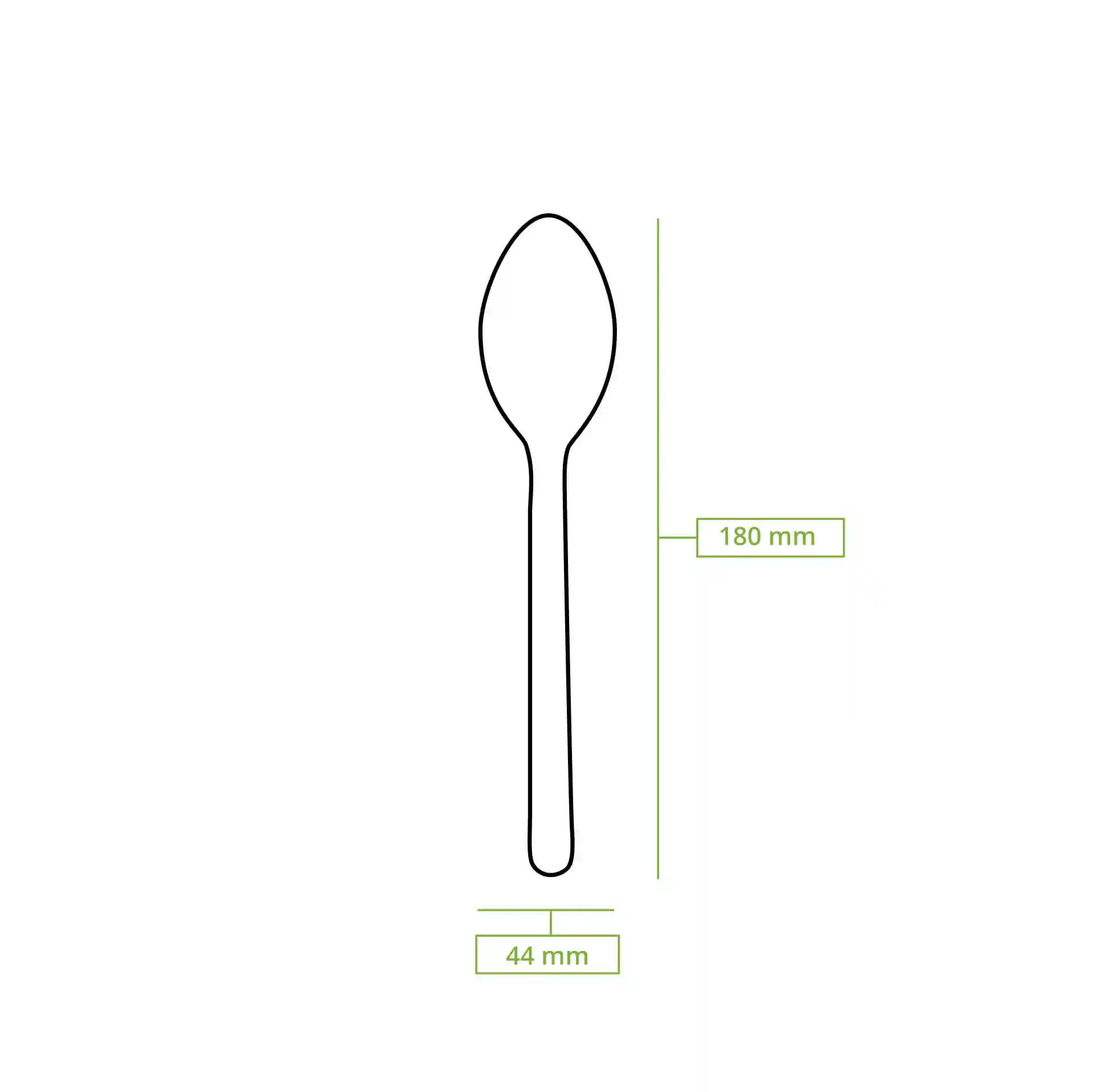 Dessin schématique d'une cuillère en bois de 180 mm de long et 44 mm de large.
