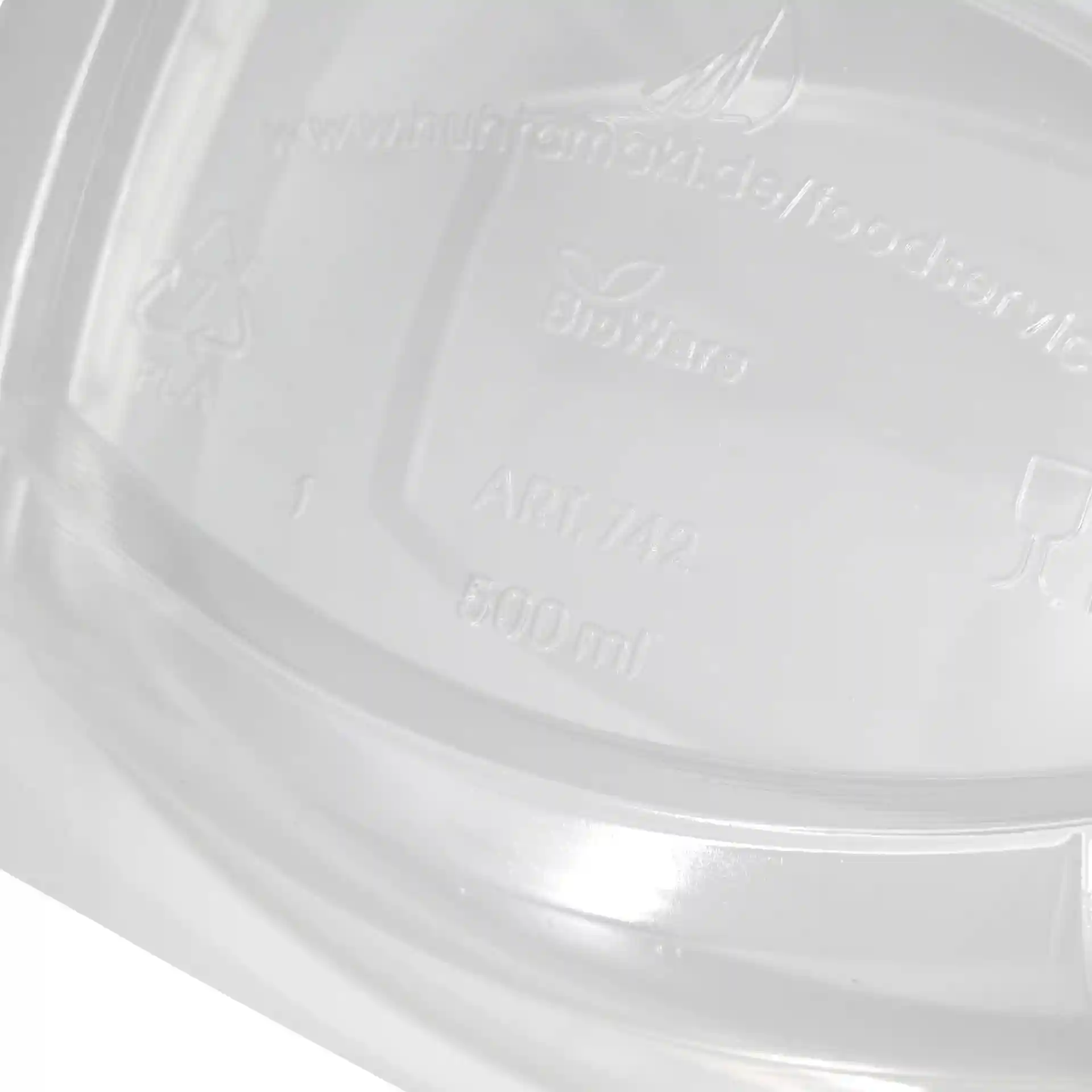Bol rectangulaire transparent en PLA d'une capacité de 500 ml, montrant des repères au fond.