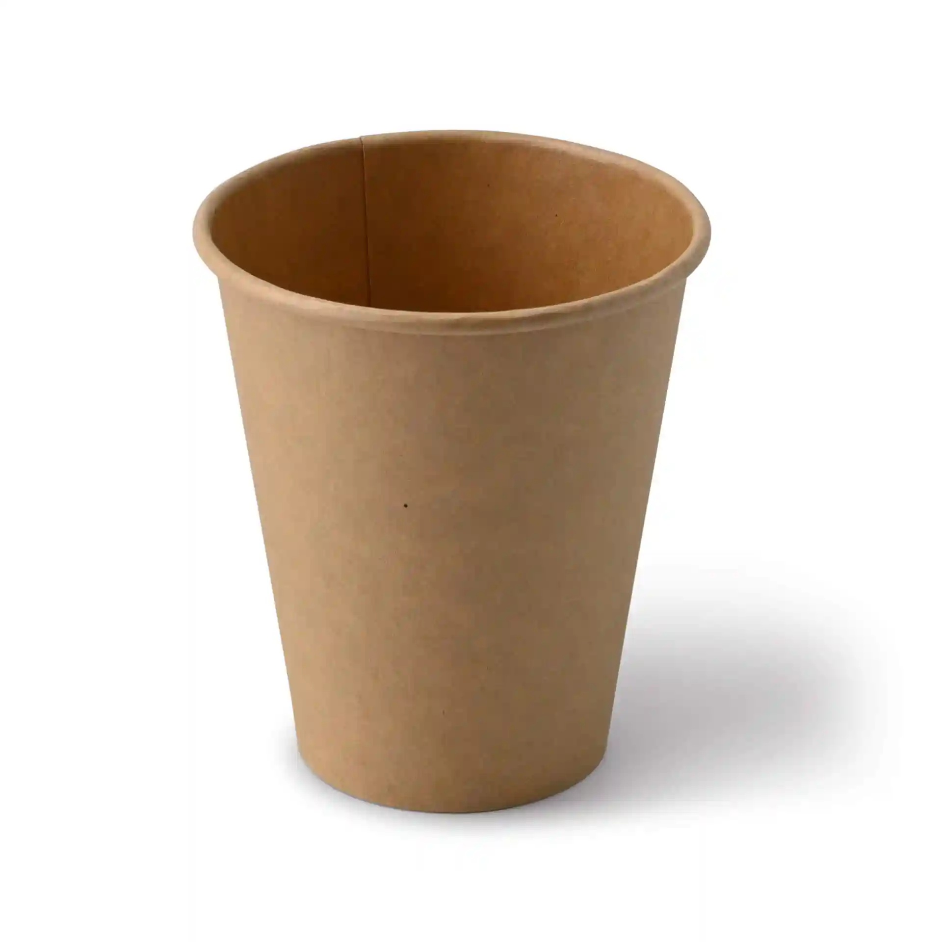 Gobelet en papier brun de forme ronde, capacité de 10 oz, en carton, présenté sous un angle.