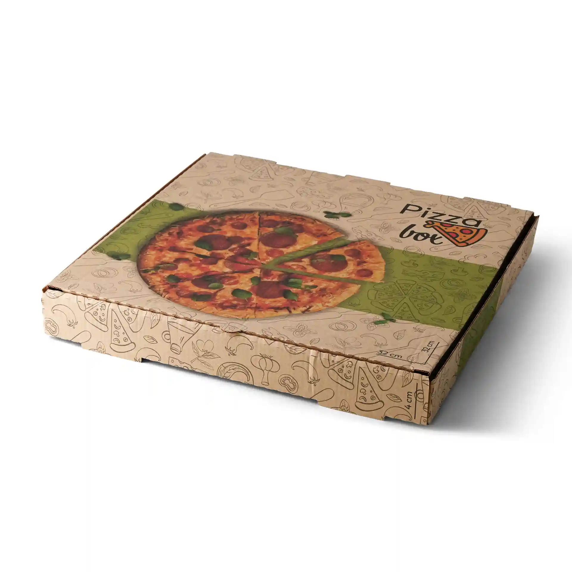 Boîte à pizza marron avec un graphique de pizza sur le dessus, mesurant 32 x 32 x 4 cm, avec des illustrations alimentaires décoratives.