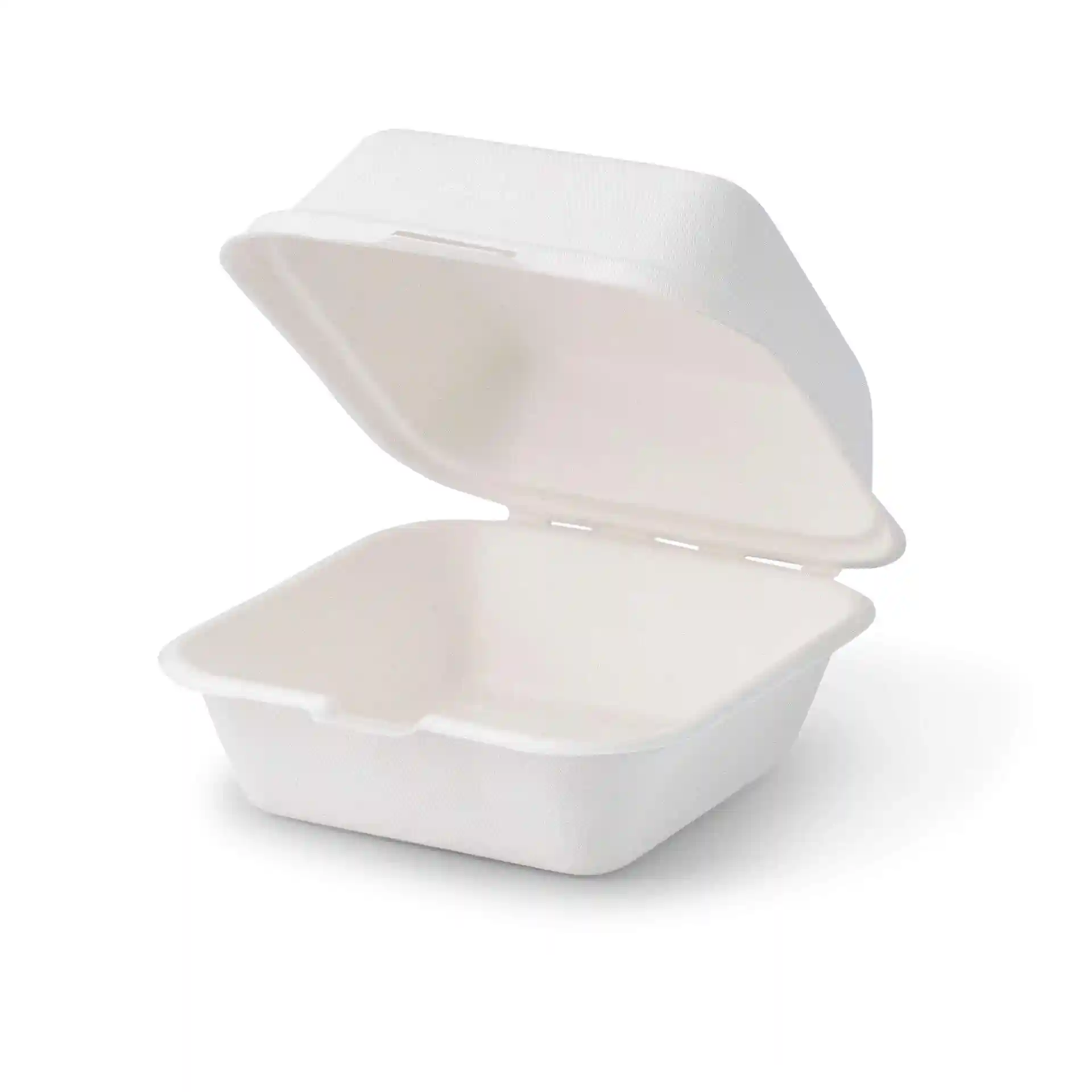 Boîte à burger en canne à sucre blanche de forme carrée, couvercle ouvert, dimensions 15 x 15 x 8 cm.