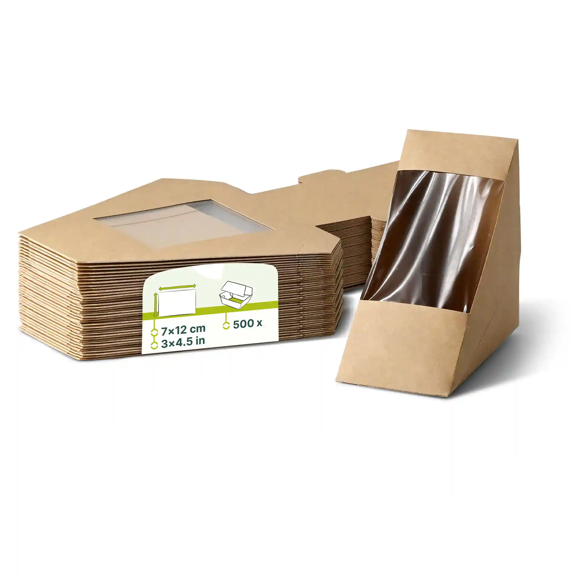 Wedges de sandwich en carton brun avec une fenêtre en PLA, forme triangulaire et empilement visible de plusieurs articles.
