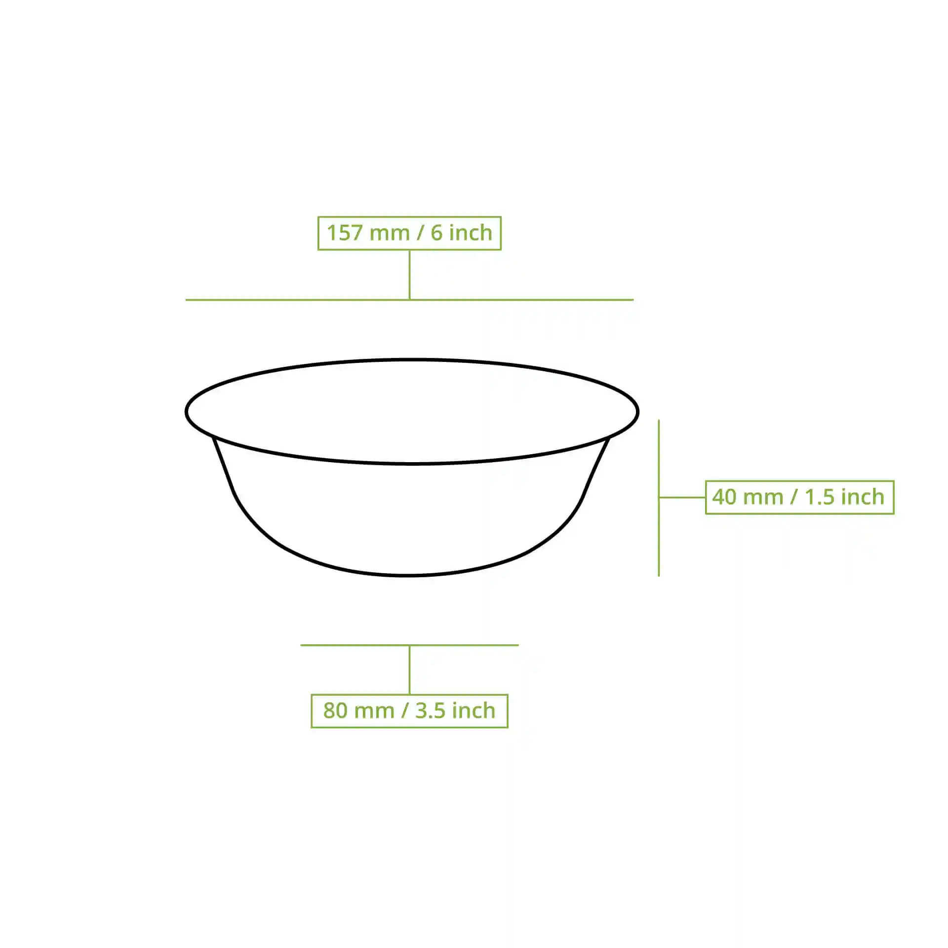Dessin schématique d'un bol rond en canne à sucre avec dimensions : 157 mm de diamètre supérieur, 40 mm de hauteur et 80 mm de diamètre inférieur.