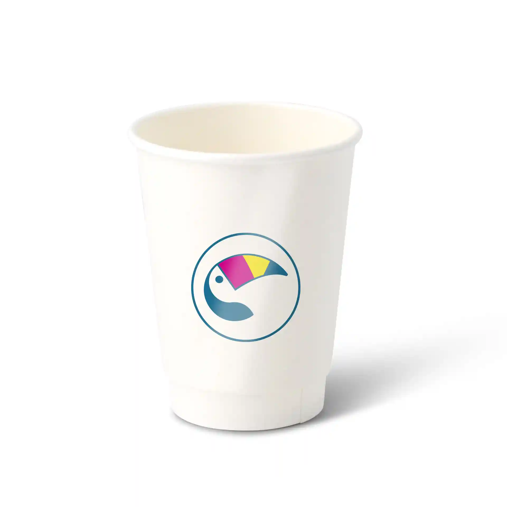 Gobelet en papier blanc à double paroi avec un logo circulaire représentant un toucan stylisé.
