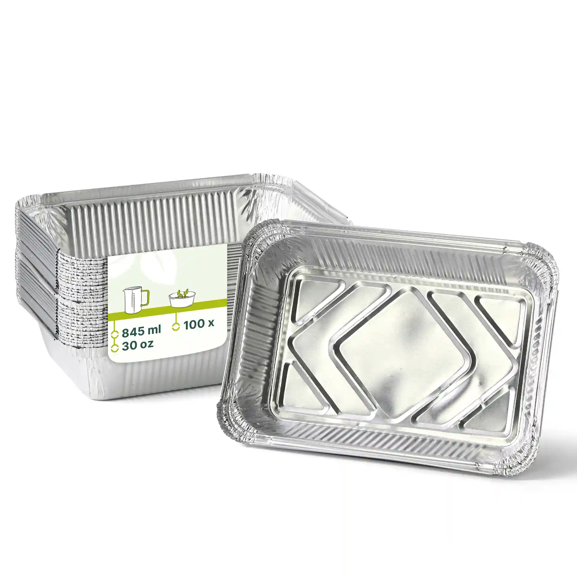 Conteneurs en aluminium rectangulaires d'une capacité de 845 ml, mesurant 21,4 x 14,9 x 4,3 cm, empilés avec une étiquette.