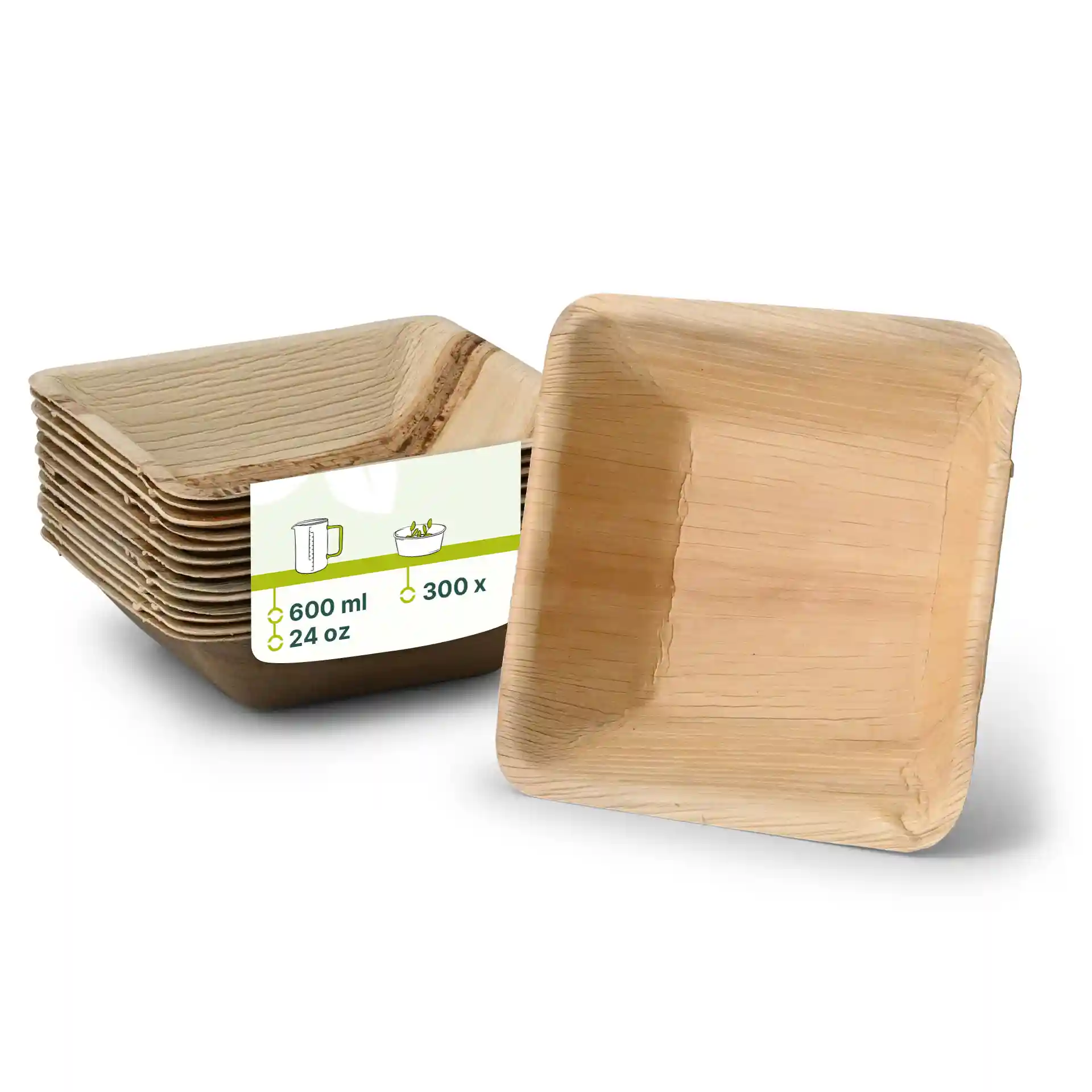 Bols carrés en feuille de palmier avec une texture grainée, empilés avec une étiquette indiquant une capacité de 600 ml.