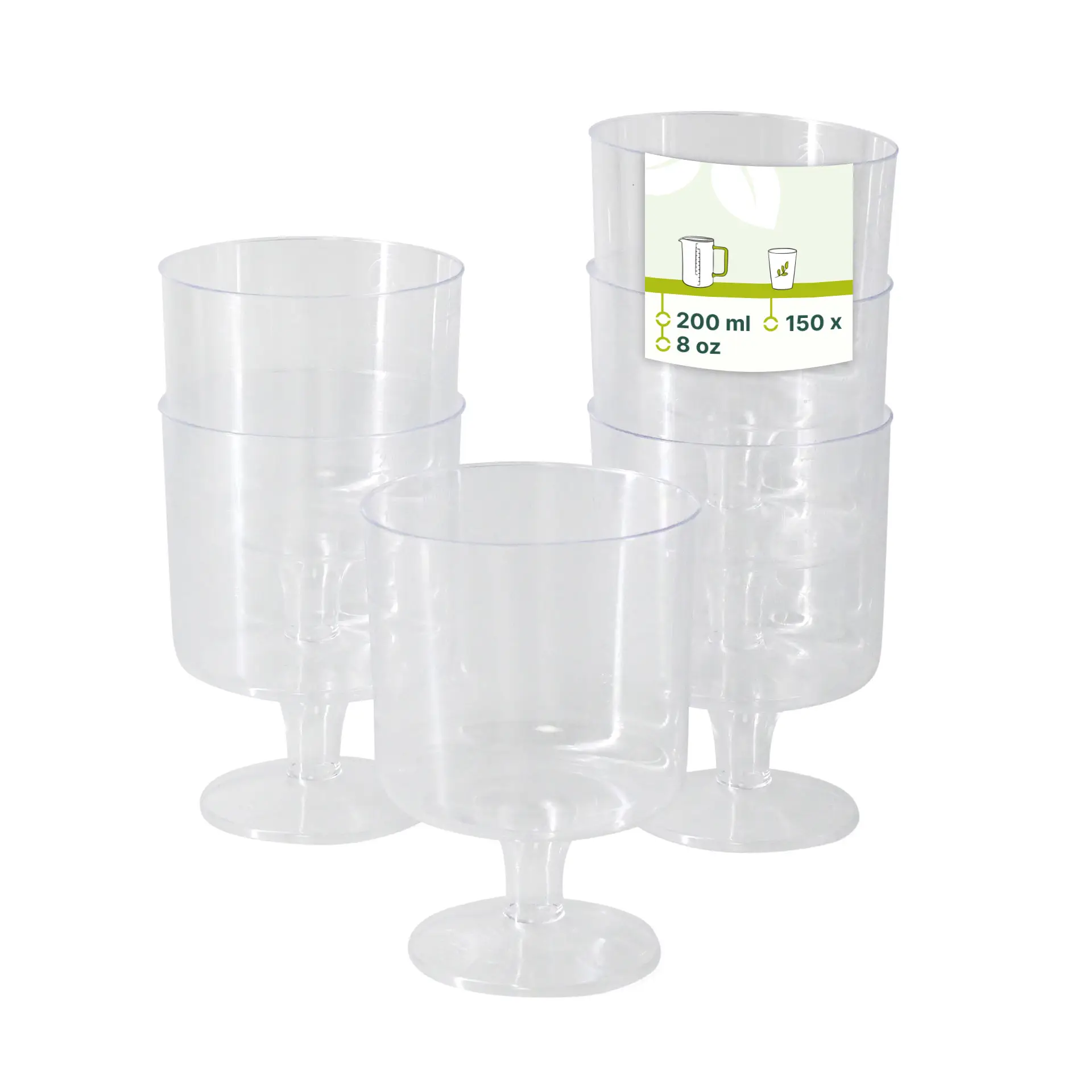 Verres à vin transparents réutilisables empilés, chacun d'une capacité de 200 ml.