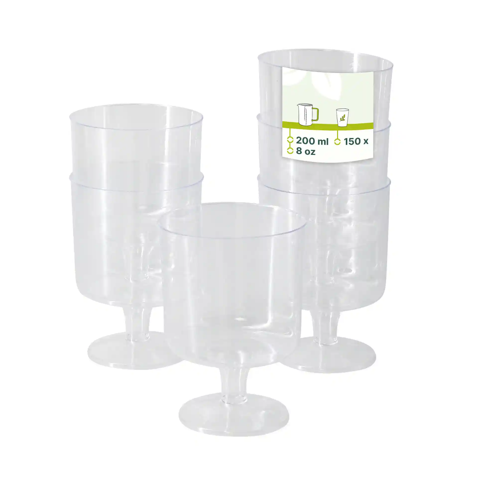 Verres à vin transparents réutilisables empilés, chacun d'une capacité de 200 ml.