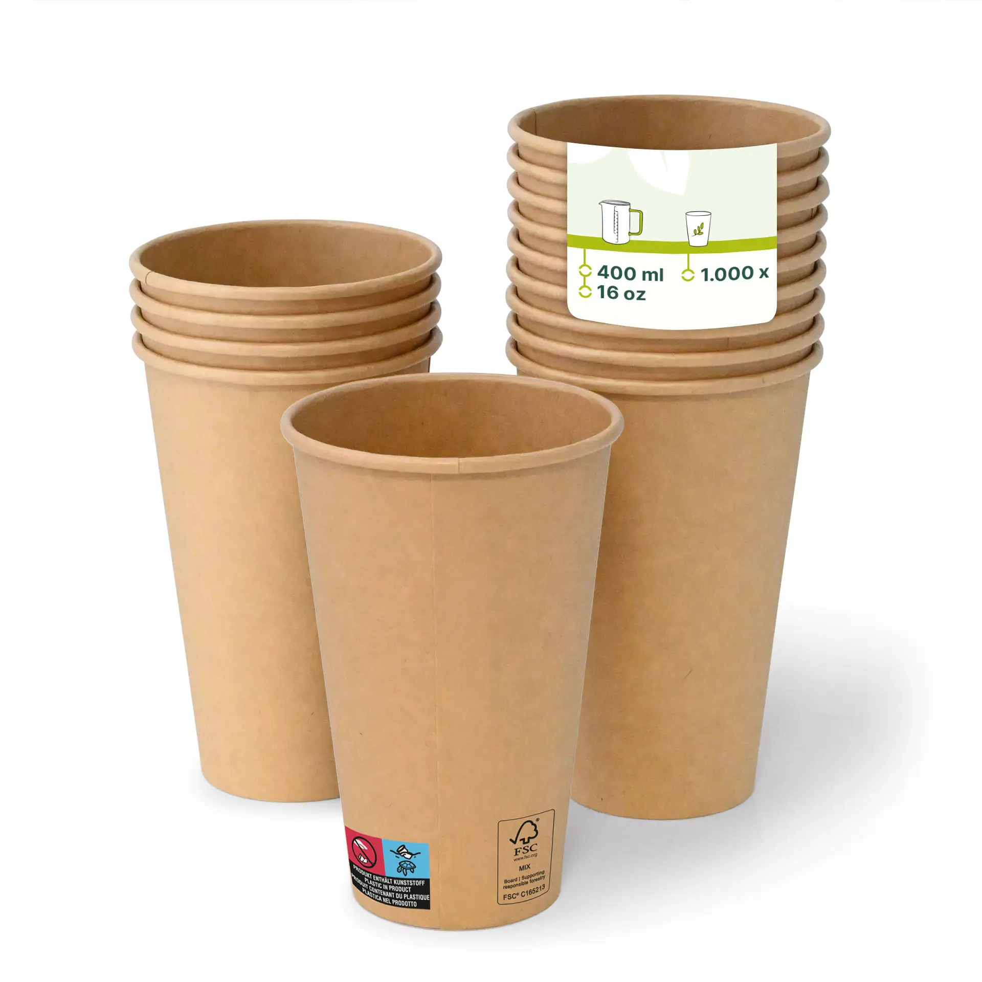 Un gobelet en papier brun (16 oz) au premier plan, avec plusieurs autres derrière; avec un revêtement PE et une étiquette avec les détails du produit.