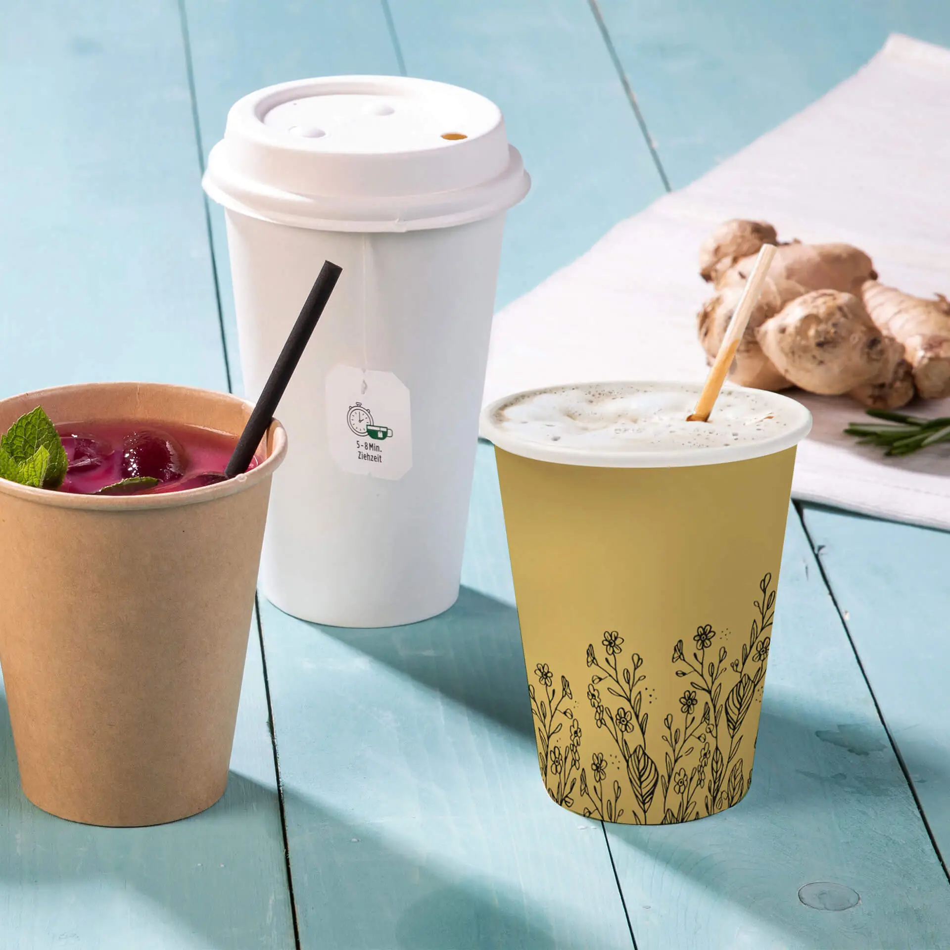Gobelets en carton printemps "Fleurs" 20 cl / 8 oz, Ø 80 mm, jaune dhd04110-pappbecher-fruehling-blumen-200-ml-8-oz-80-mm-gelb-6