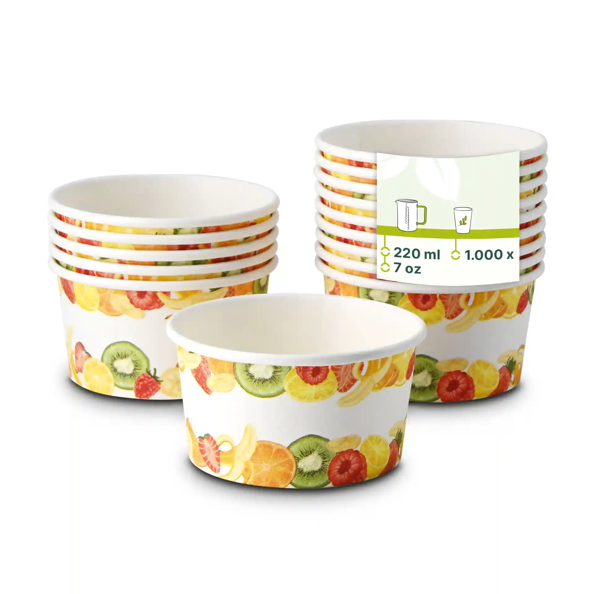 Empilement de gobelets avec un motif de fruits, un gobelet devant et plusieurs derrière sur un fond blanc.