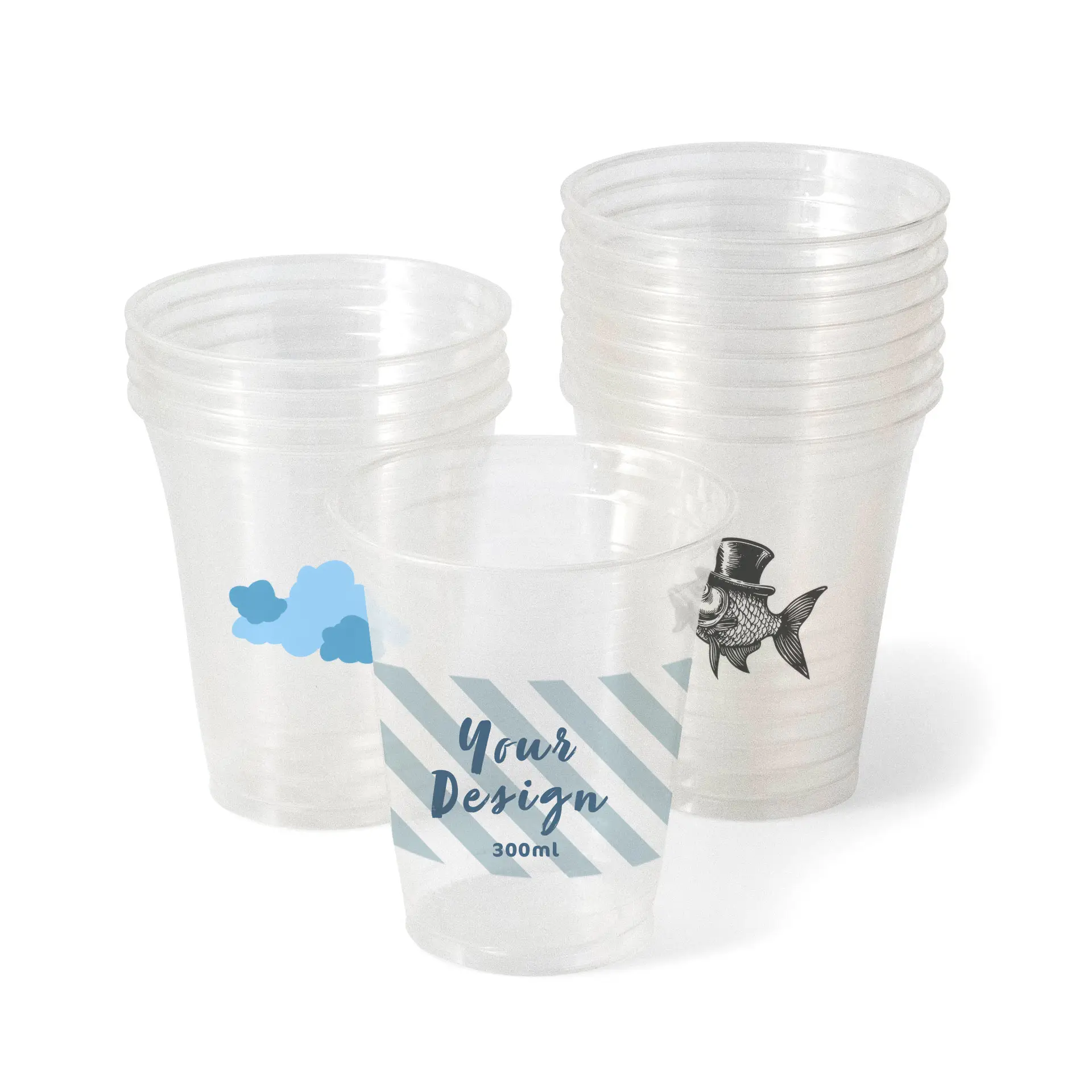 Gobelets PLA transparents pour boissons froides, avec designs personnalisables, incluant des nuages bleus, des rayures et un graphique de poisson.