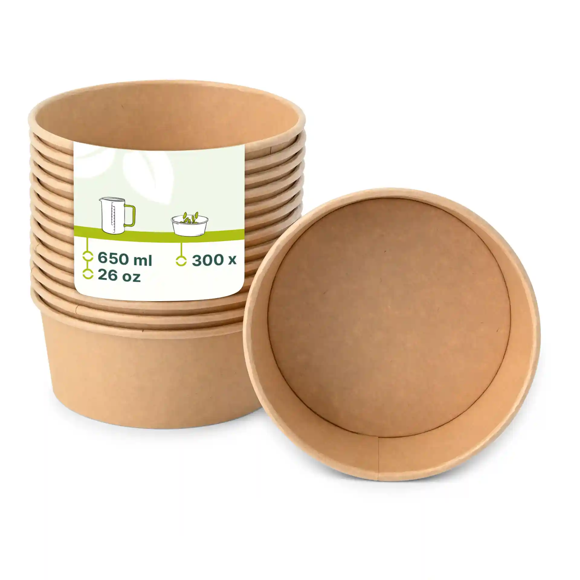 Empilement de bols en papier brun avec une étiquette indiquant une capacité de 650 ml et des dimensions, un bol est placé sur le côté.