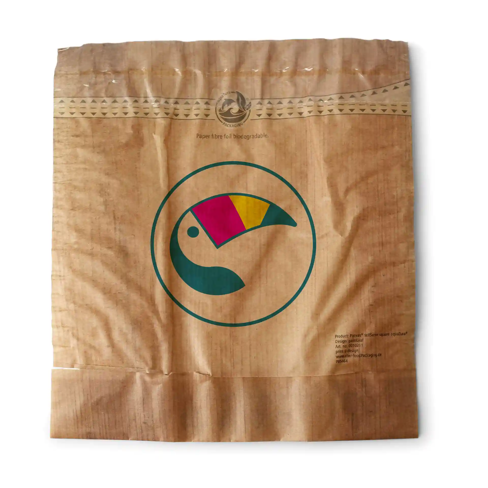 Sac à collation marron avec fenêtre et fermeture adhésive, arborant un logo de toucan coloré à l'avant.