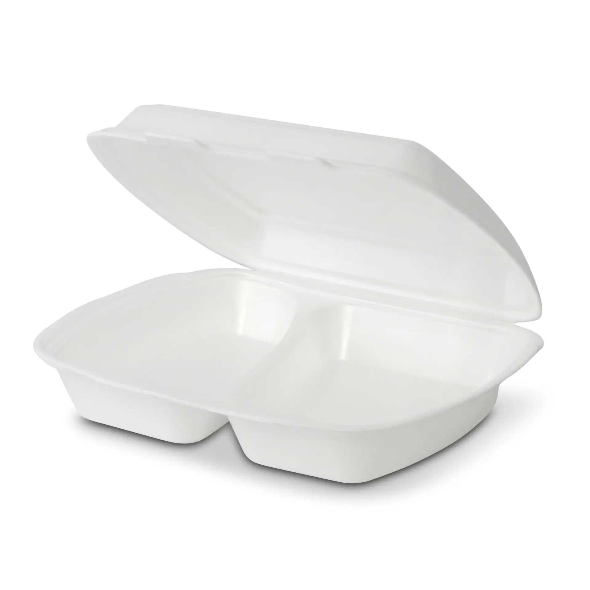 Conteneur alimentaire blanc à deux compartiments avec un couvercle articulé, montré ouvert pour visibilité.