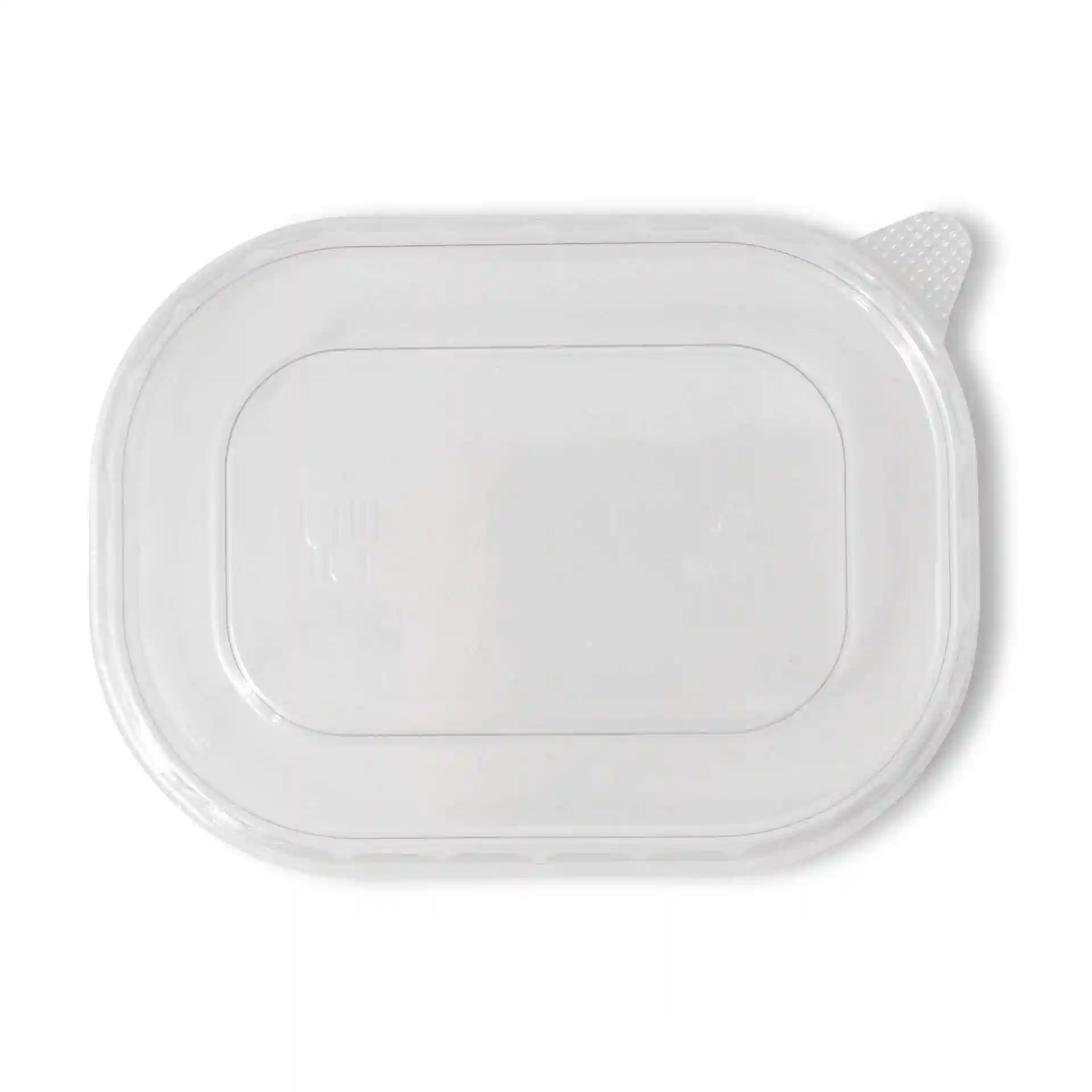 Couvercle rectangulaire transparent en rPET mesurant 11 x 8 cm avec une hauteur de 9 mm.