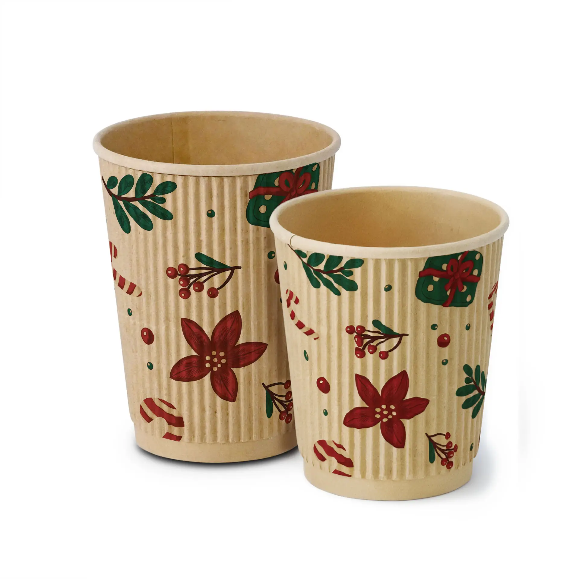 Gobelets marron avec design d'hiver, fleurs rouges, feuilles vertes et cannes en sucre, en deux tailles.