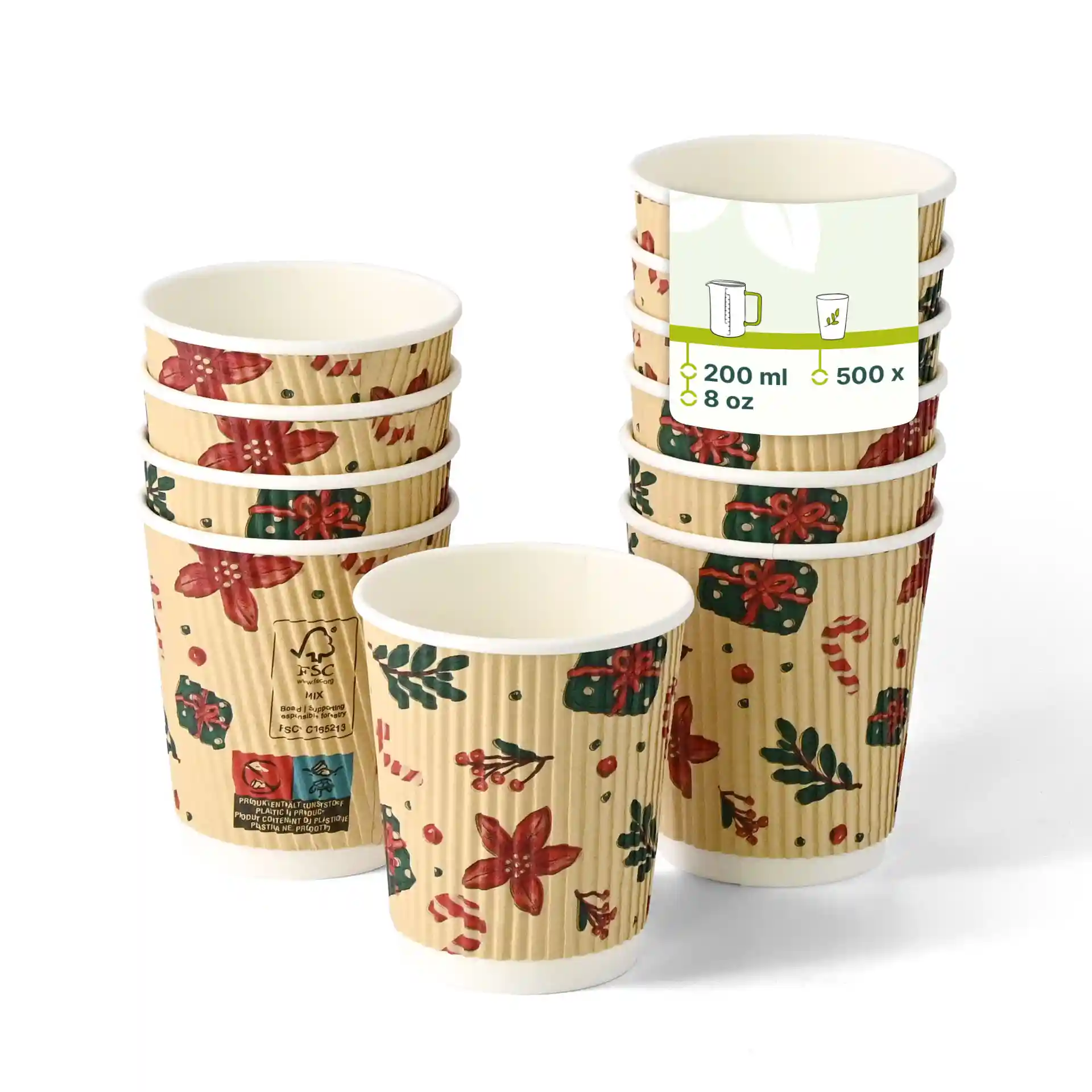 Gobelet Ripple avec design d'hiver, capacité de 200 ml, couleur marron, empilé avec plusieurs gobelets visibles.