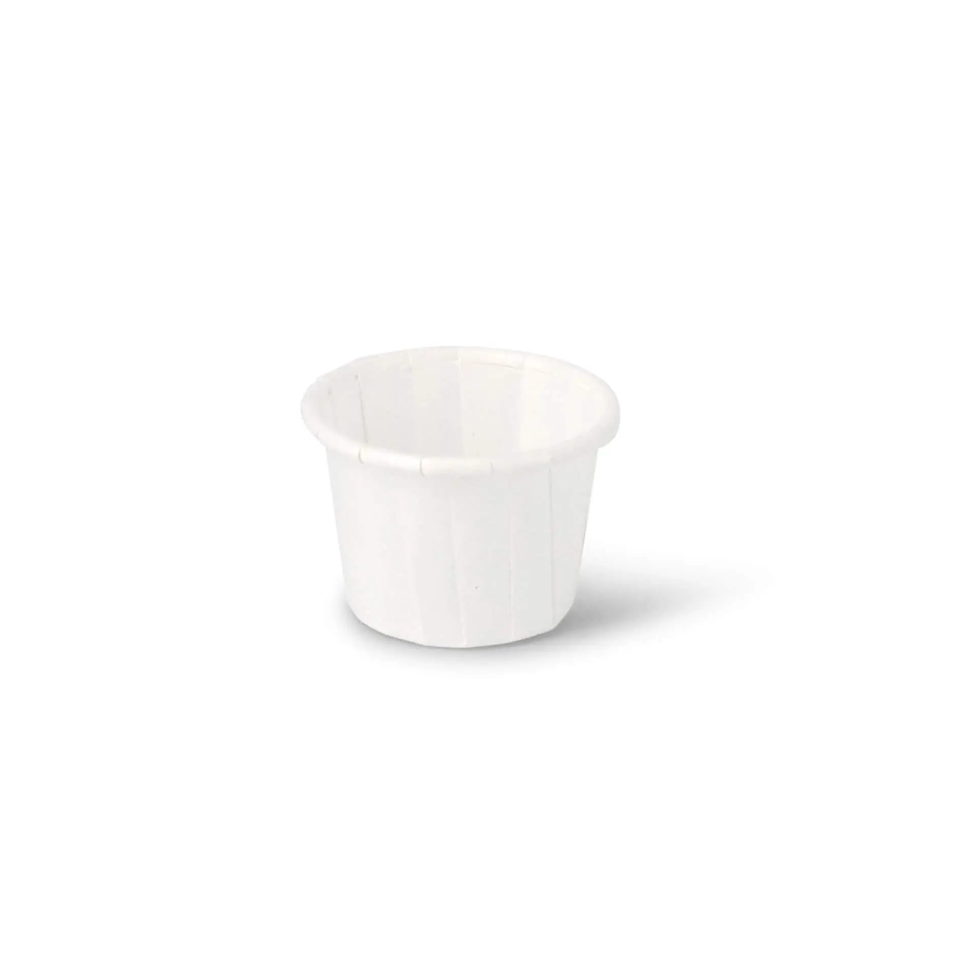 Gobelet en papier blanc de 15 ml avec côtés nervurés, adapté pour les dips, sauces et petites portions, biodégradable et recyclable.