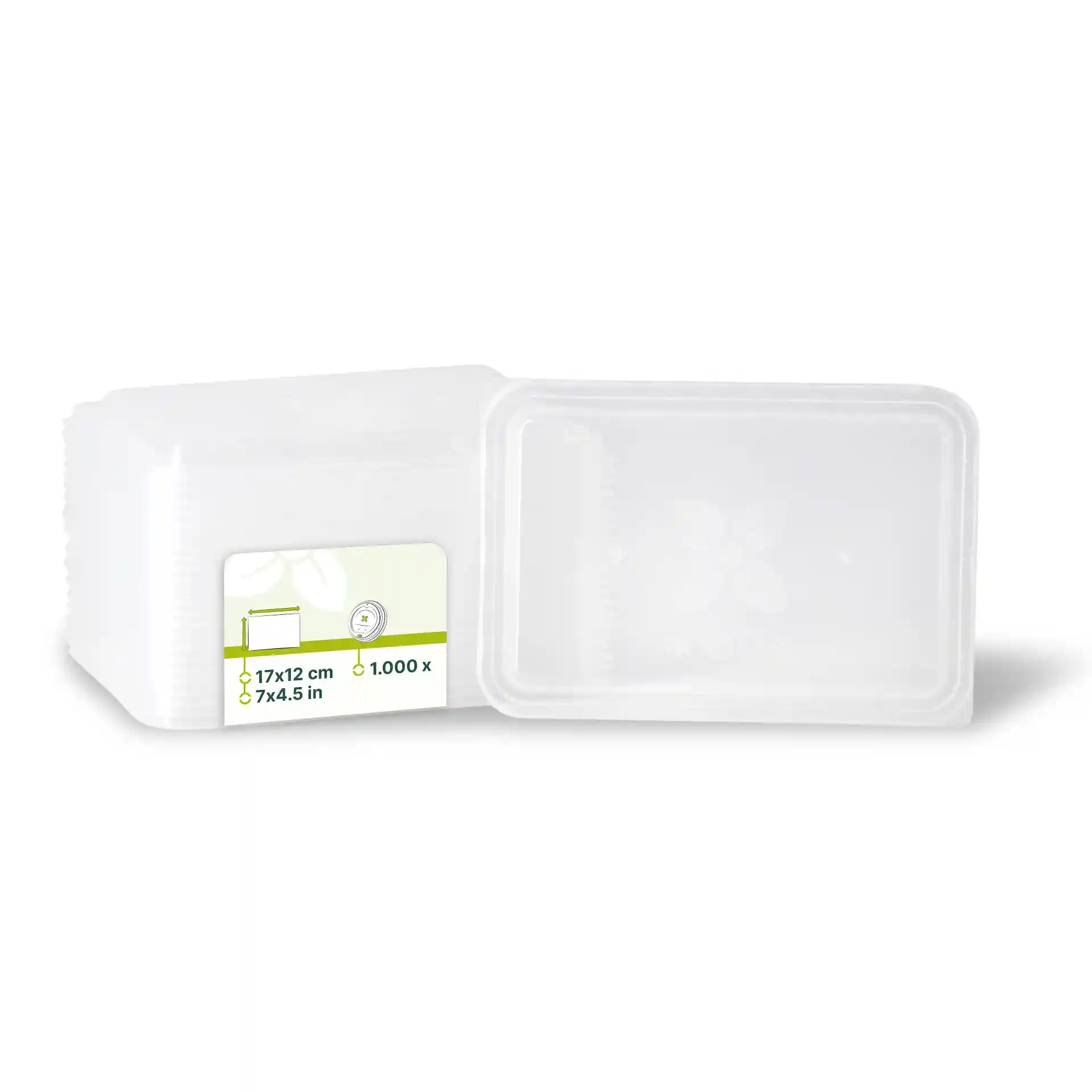 Conteneur rectangulaire transparent avec une étiquette indiquant les dimensions 17 x 12 cm et une hauteur de 7 cm, empilé avec des conteneurs similaires.