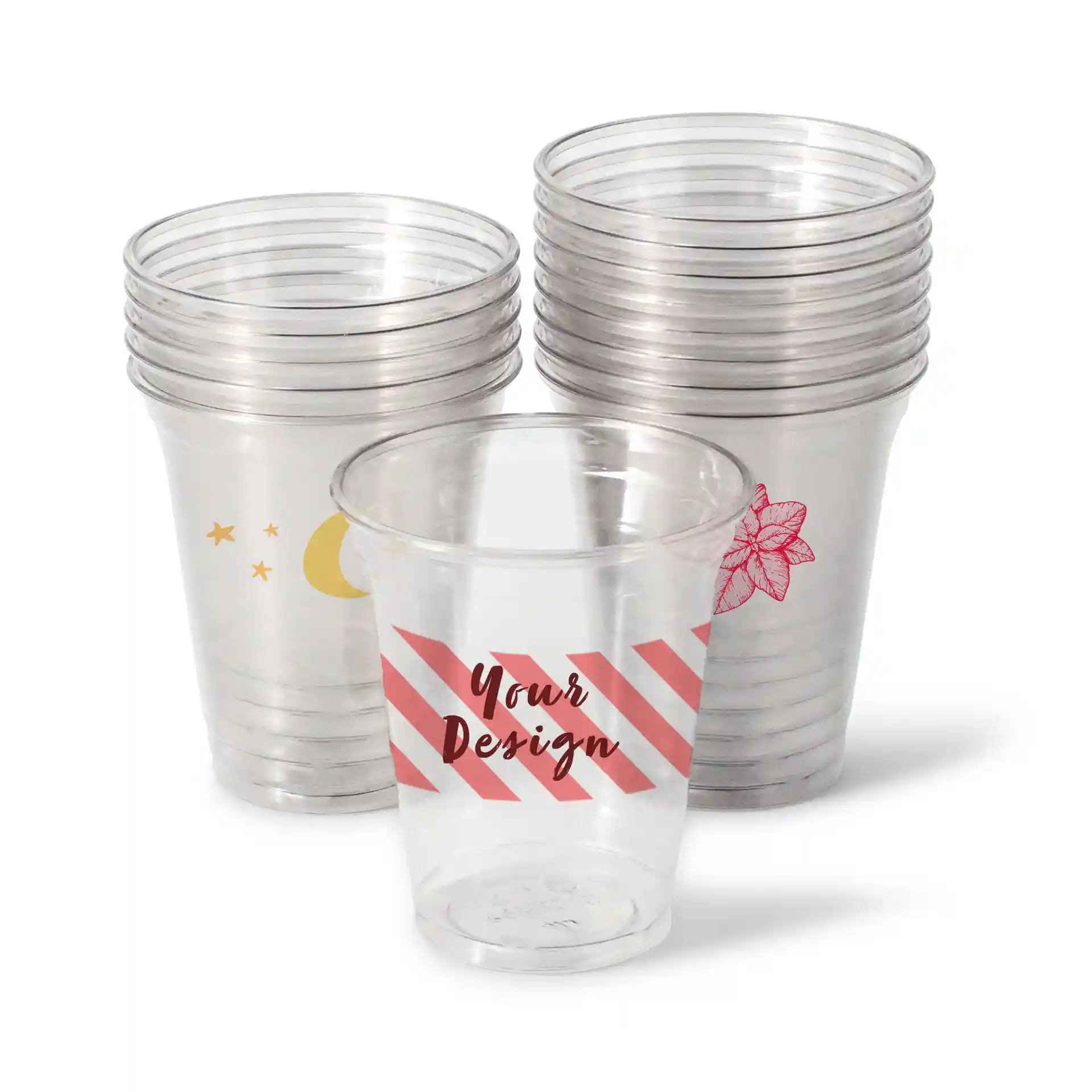 Gobelets rPET clairs de 12 oz avec des motifs imprimés, y compris un gobelet à rayures et des éléments floraux.