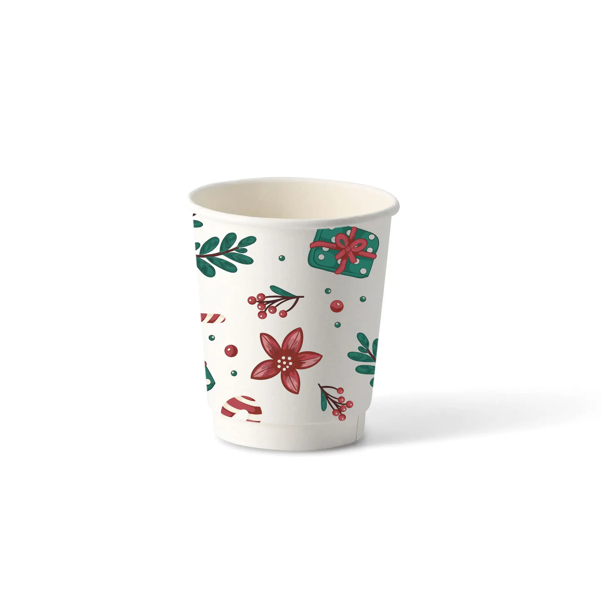 Tasse double paroi avec design d'hiver, capacité de 200 ml, ornée de fleurs, feuilles et motifs de cadeaux sur fond blanc.