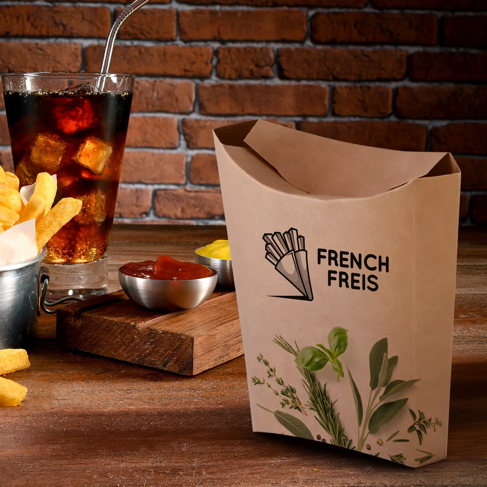 Boîte à chips imprimée sur mesure avec couvercle; comprend un design résistant à la graisse et un branding pour la nourriture à emporter. Frites et condiments en arrière-plan.