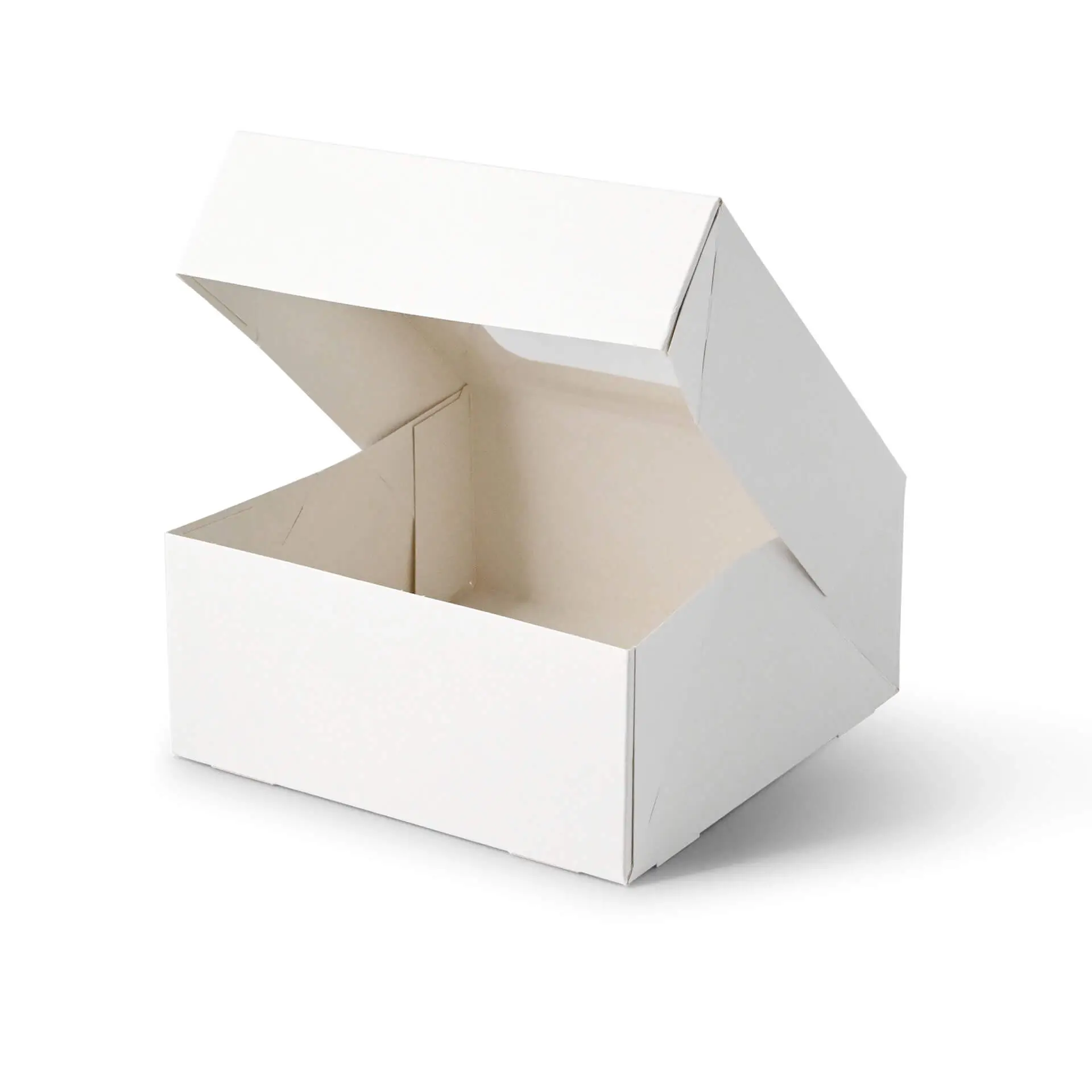 Boîte à cupcakes blanche avec un dessus ouvert, conçue pour contenir quatre cupcakes ou pâtisseries, avec une fenêtre en cellulose.