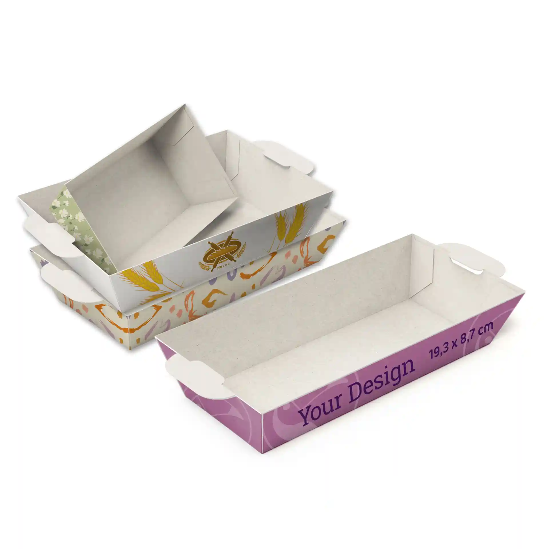Plateaux à snacks rectangulaires blancs avec divers designs, mesurant 19,3 x 8,7 cm, empilés les uns dans les autres.