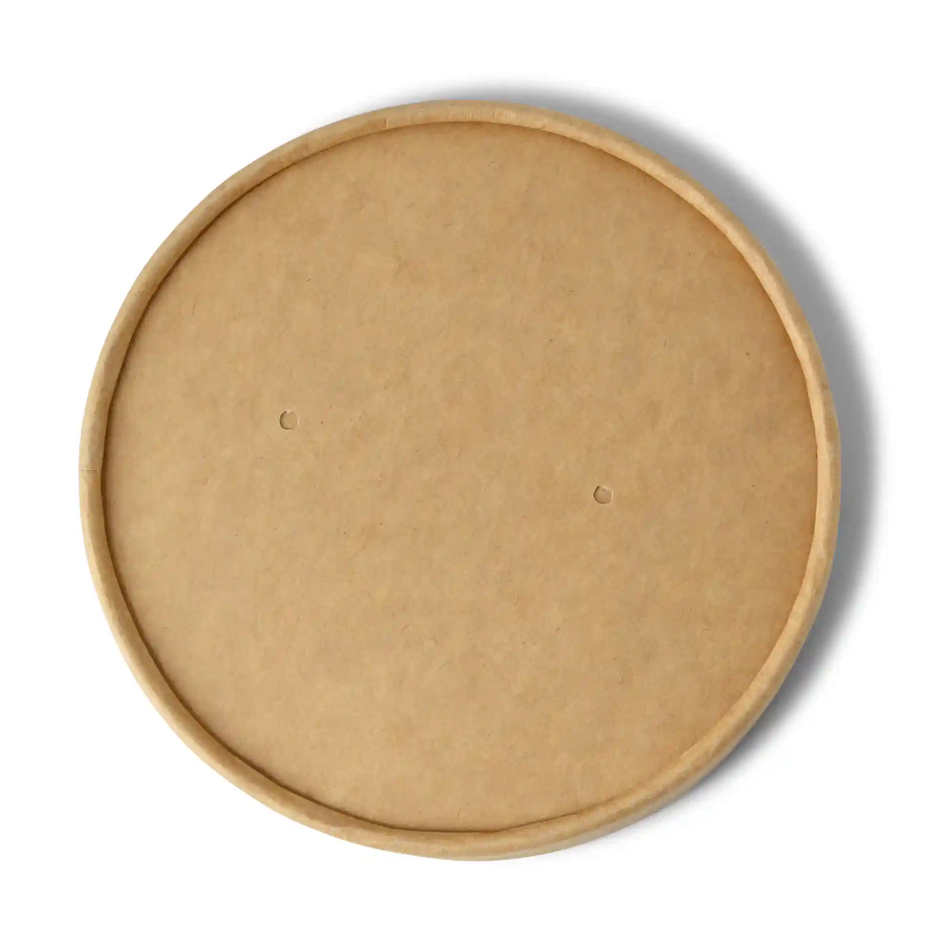 Couvercle en carton rond avec une surface brune, comportant deux petits trous, diamètre de 117 mm.