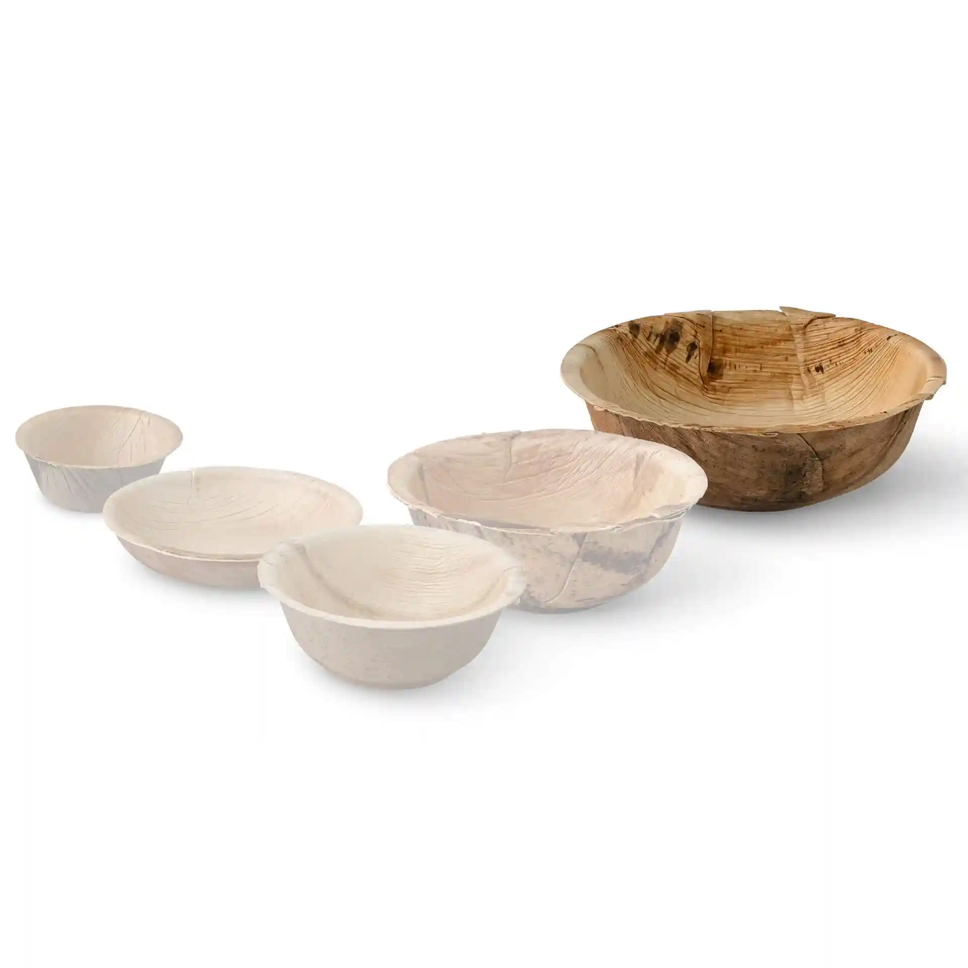 Ensemble de cinq bols ronds en feuille de palmier de tailles variées, présentant une texture de grain naturel.