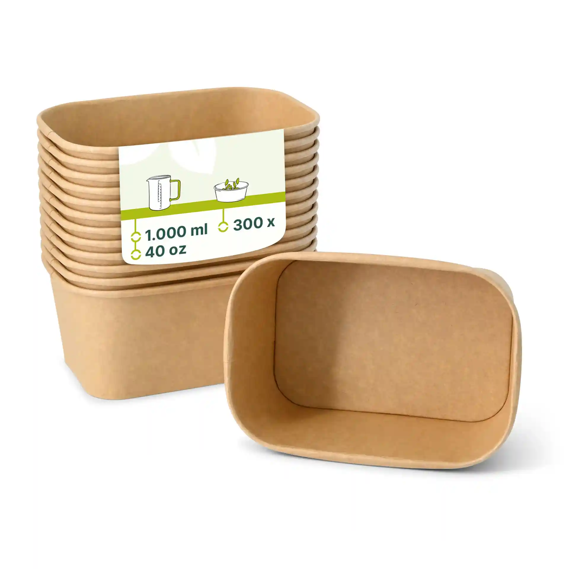 Empilement de contenants alimentaires en kraft rectangulaires avec un contenant devant, montrant une étiquette avec des marques.