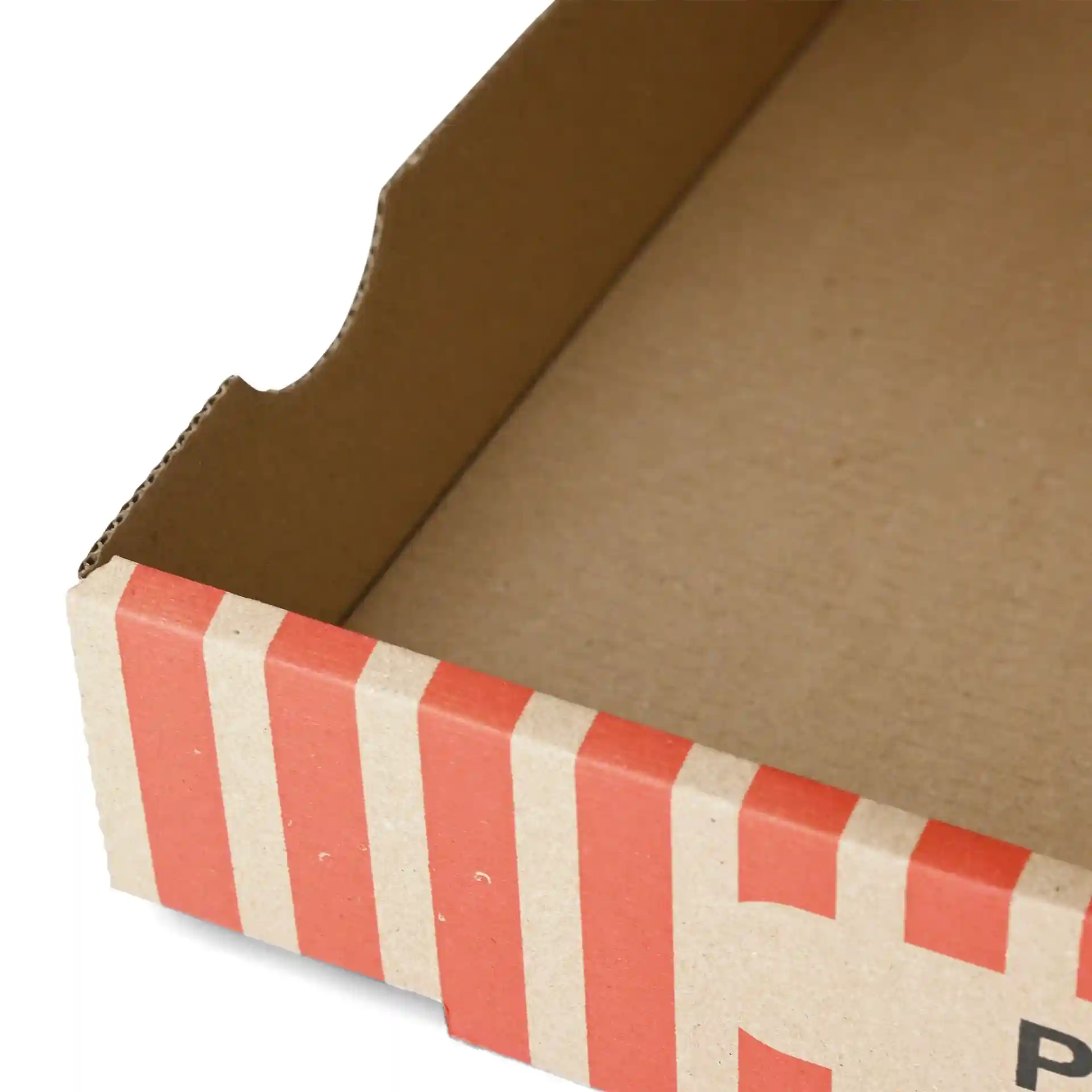 Boîte à pizza en carton avec intérieur marron et design à rayures rouges, mesurant 26 x 26 x 4 cm.