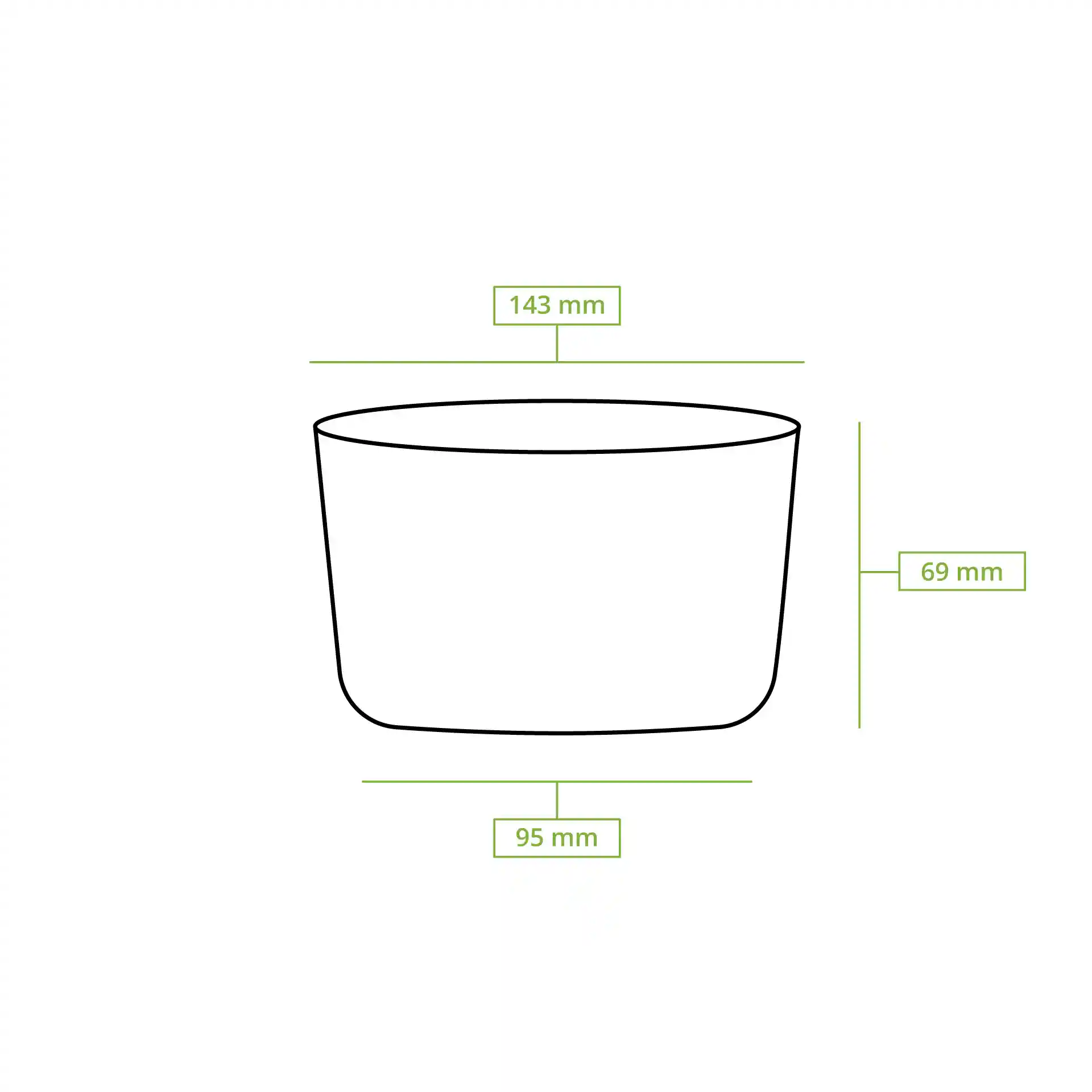 Dessin schématique d'un conteneur rond avec dimensions : hauteur 69 mm, diamètre supérieur 143 mm, diamètre inférieur 95 mm.