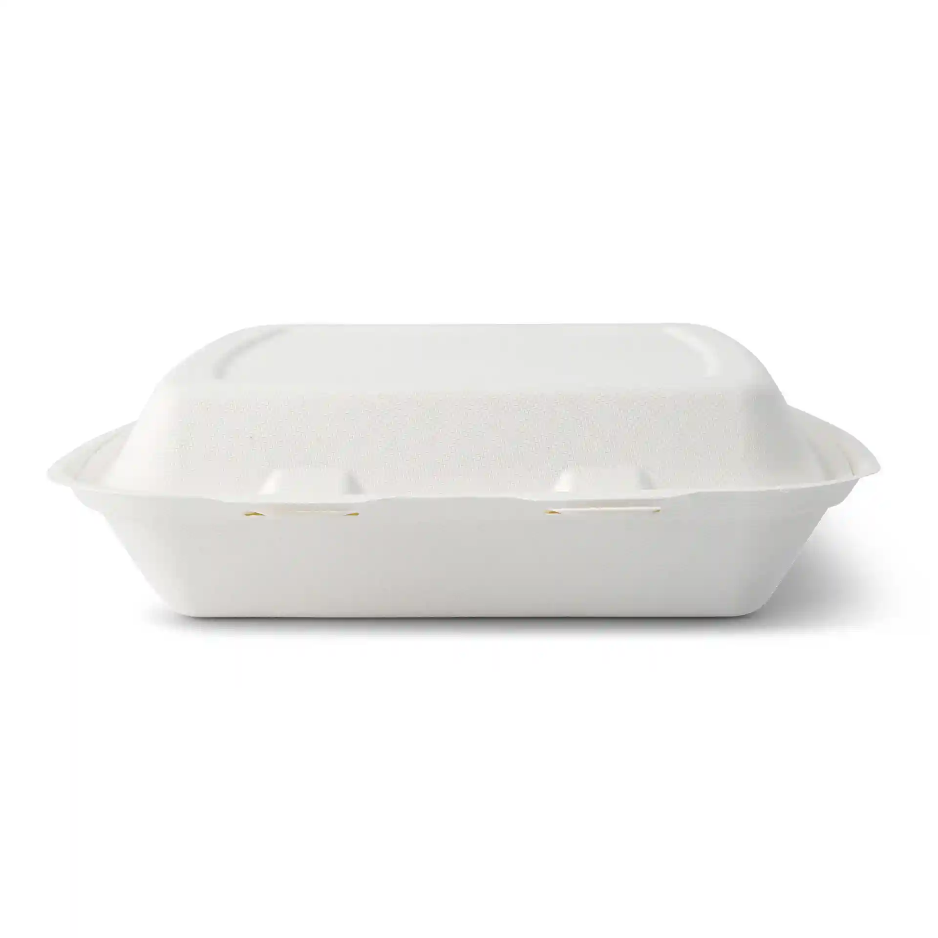 Conteneur rectangulaire blanc avec couvercle à charnière en canne à sucre, mesurant 25 x 20 x 7,5 cm.