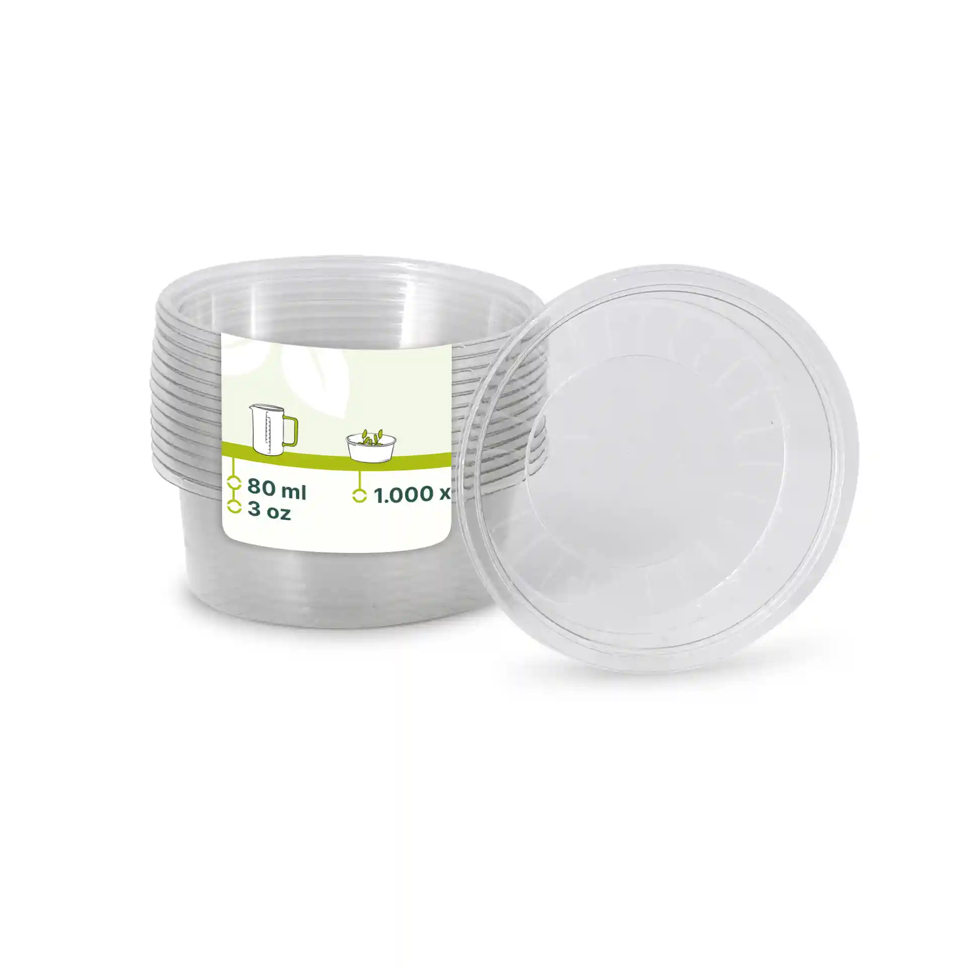 Pot à dip en rPET transparent de 75 mm de diamètre et 26 mm de hauteur, présenté avec un couvercle et une étiquette.